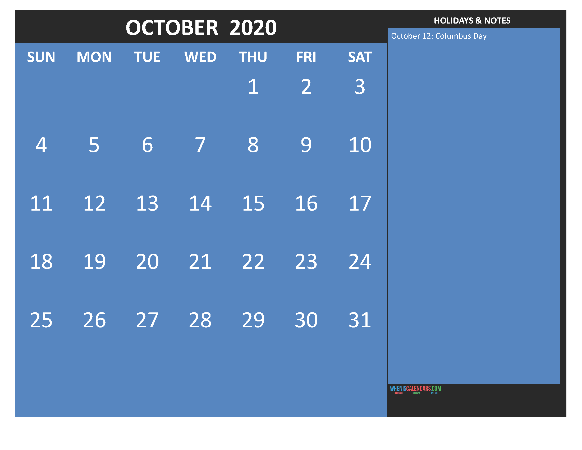 Printable October 2020 Calendar with Holidays Word