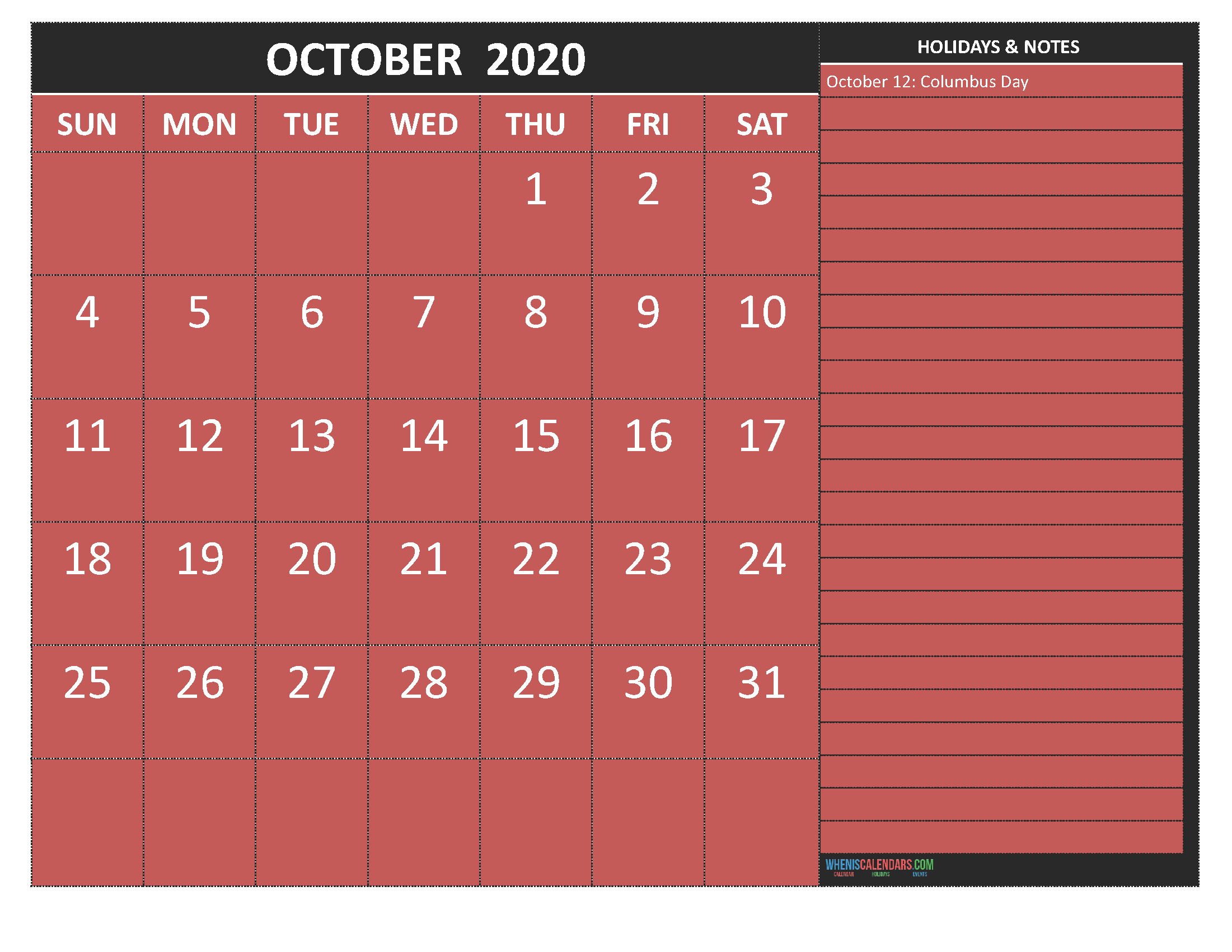 October 2020 Calendar with Holidays Free Printable