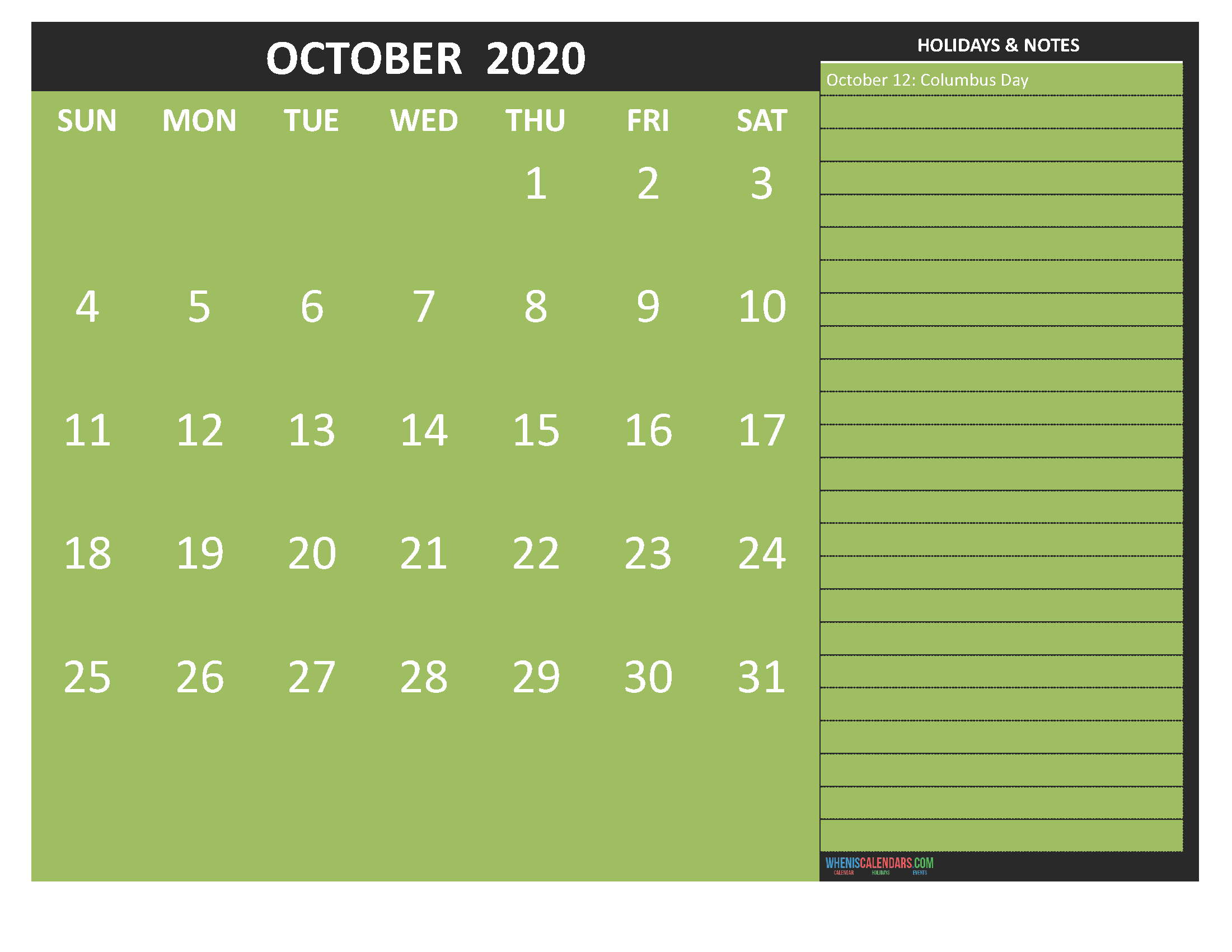 October 2020 Calendar with Holidays Free Printable by Word