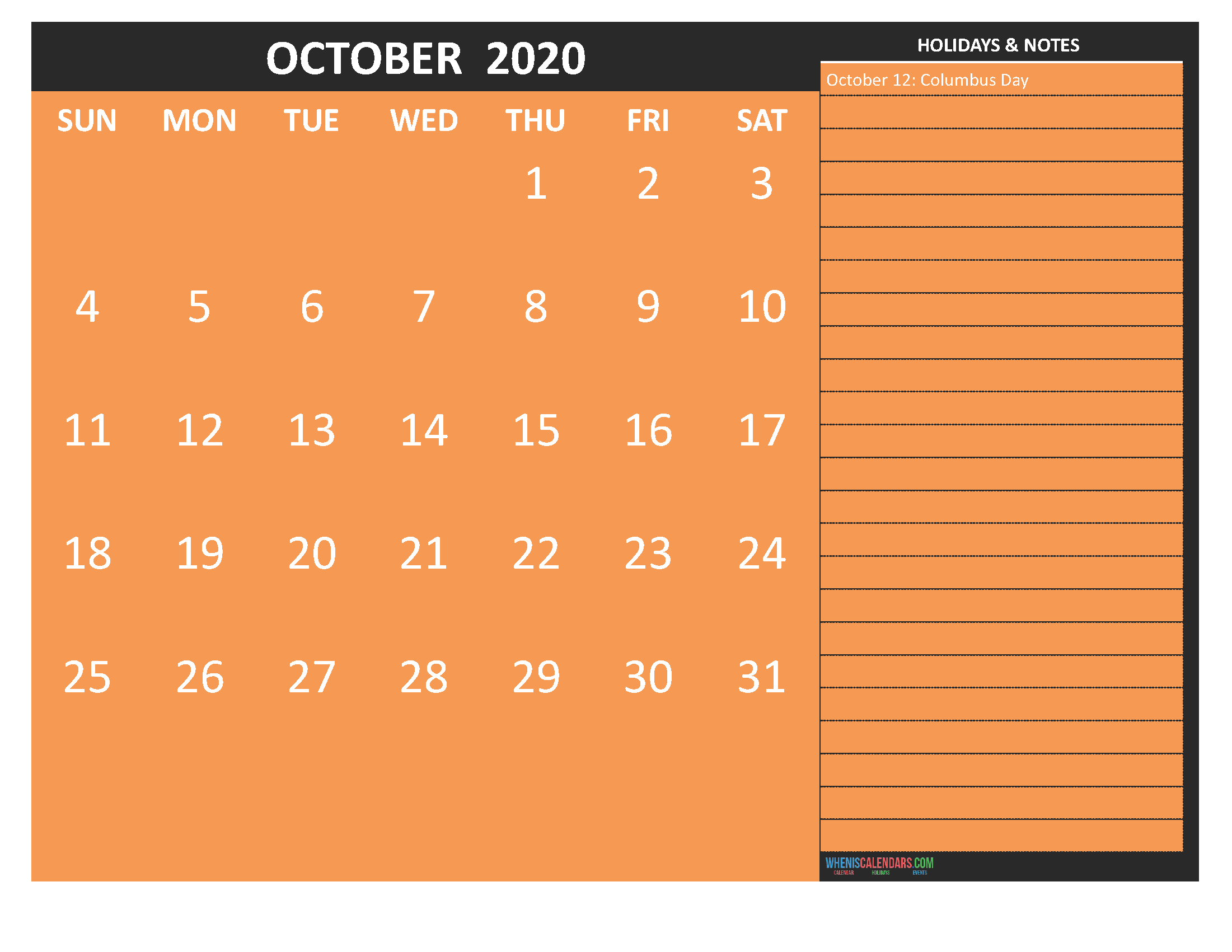 Printable October 2020 Calendar with Holidays Word
