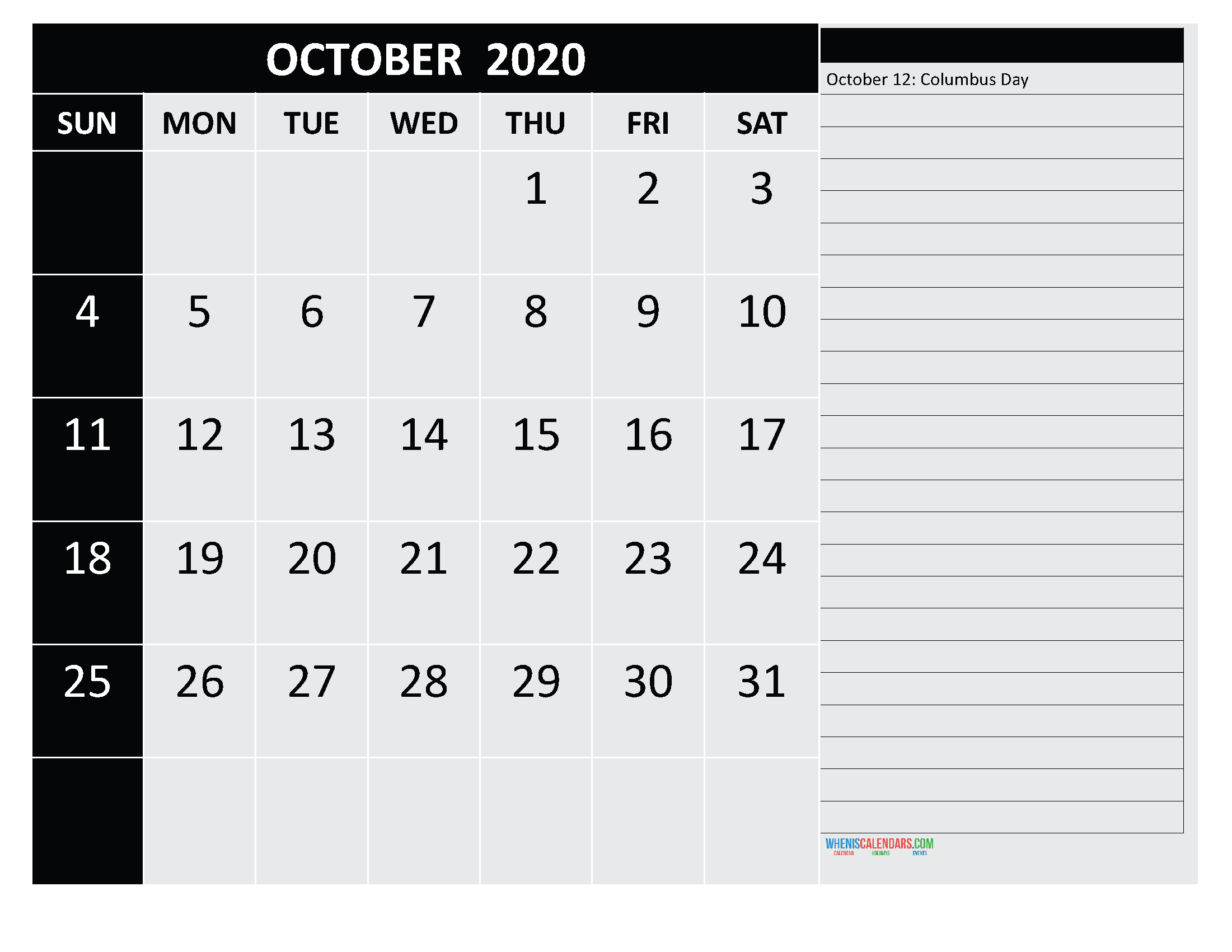 Free Printable October 2020 Calendar with Holidays