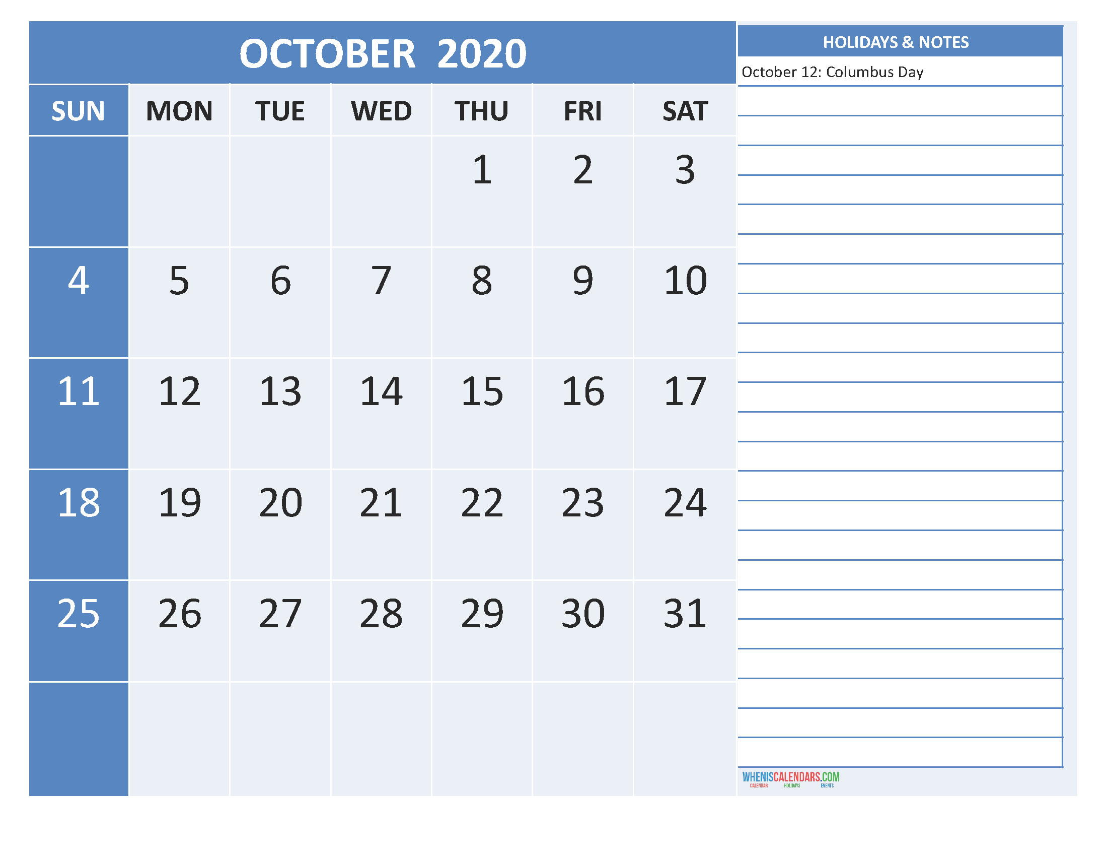 October 2020 Calendar with Holidays Word, PDF