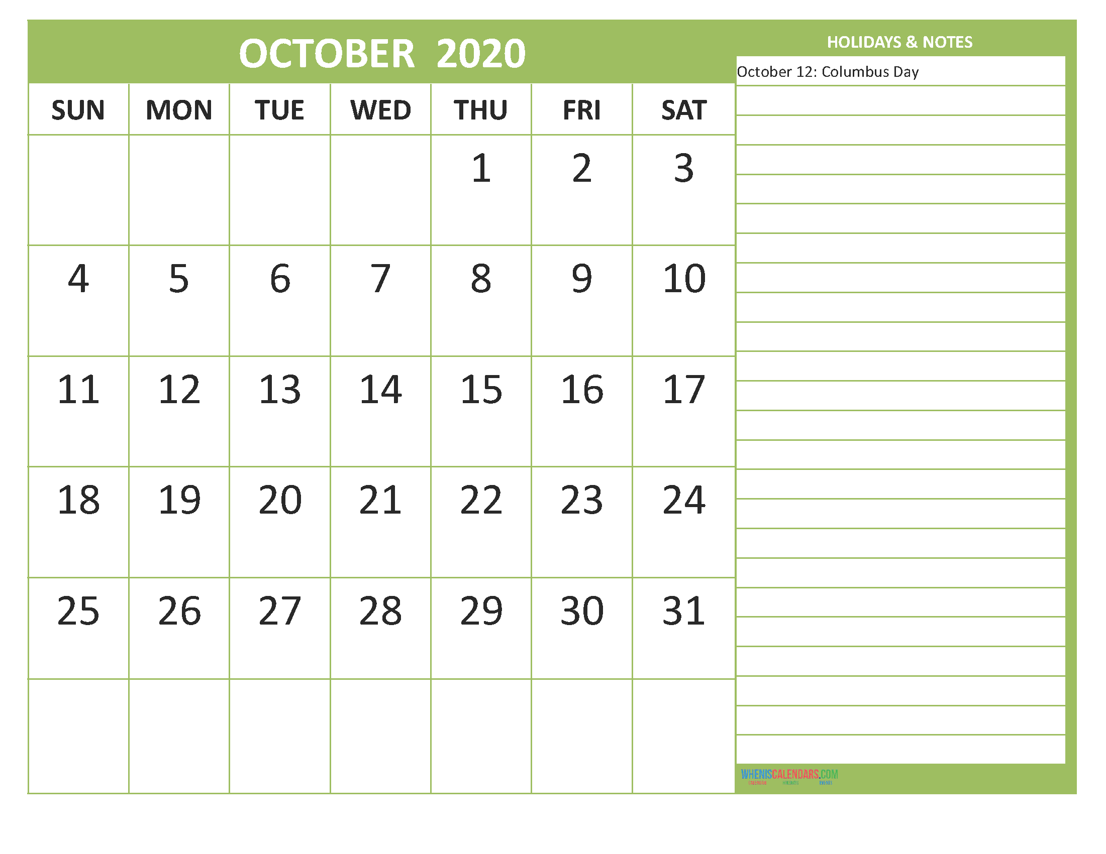 Free Printable 2020 Monthly Calendar with Holidays October