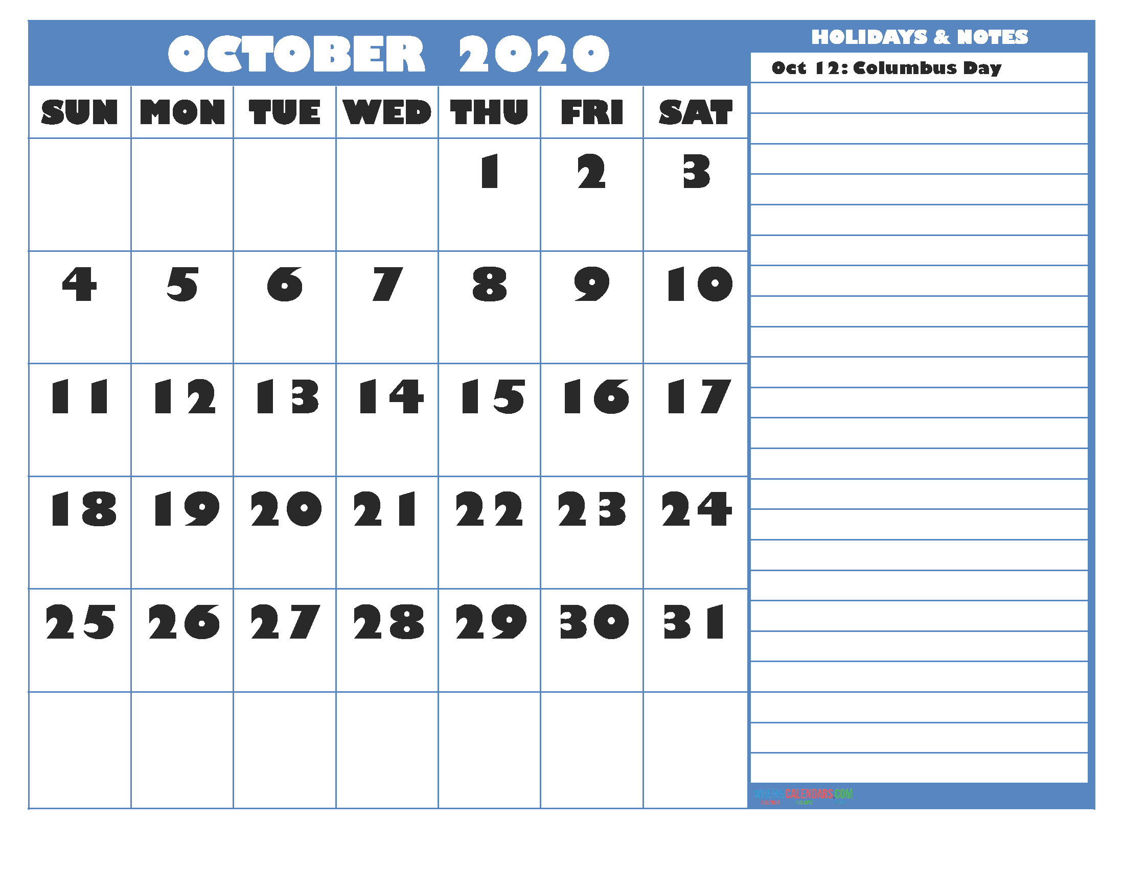 October 2020 Calendar with Holidays Free Printable by Word