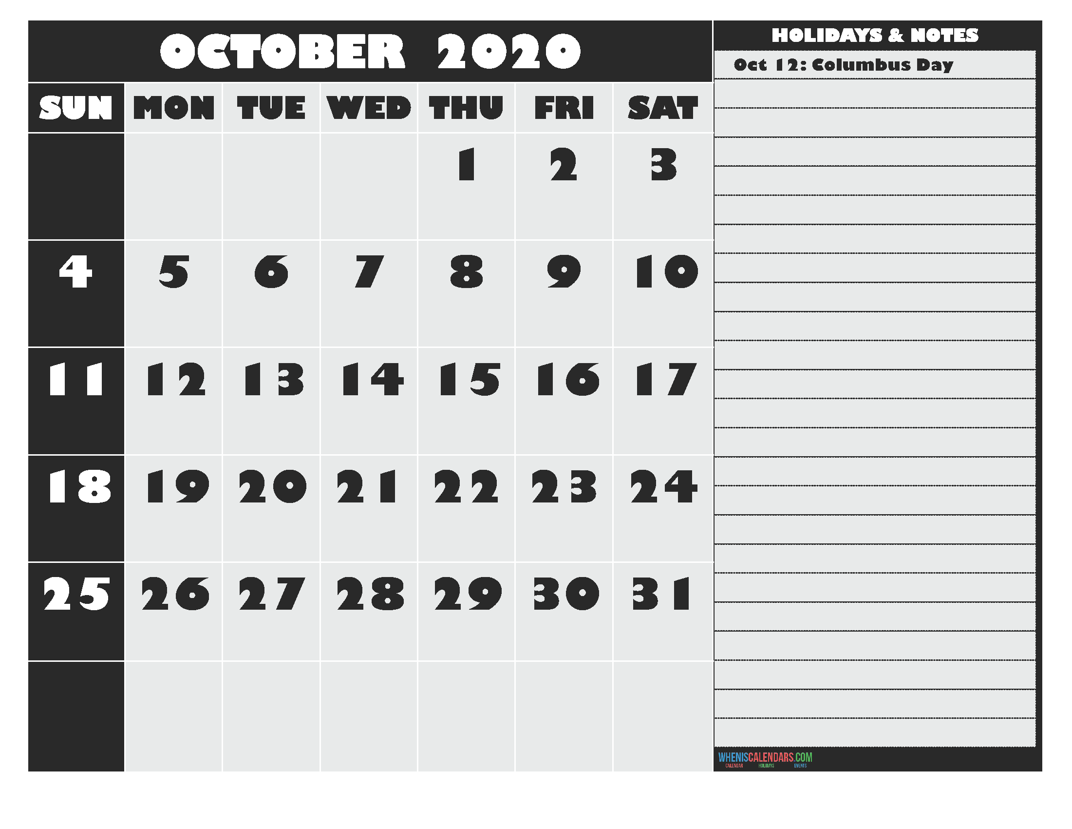 Free Printable 2020 Monthly Calendar with Holidays October