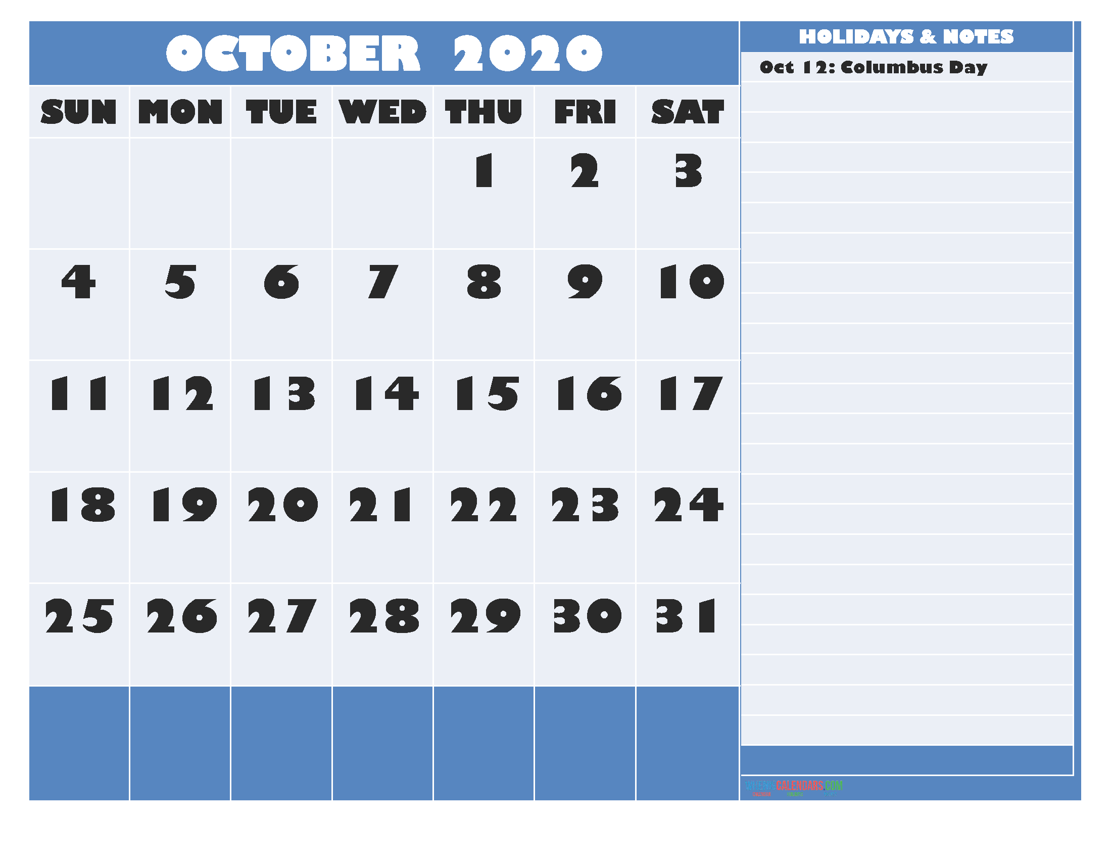 October 2020 Calendar with Holidays Word, PDF