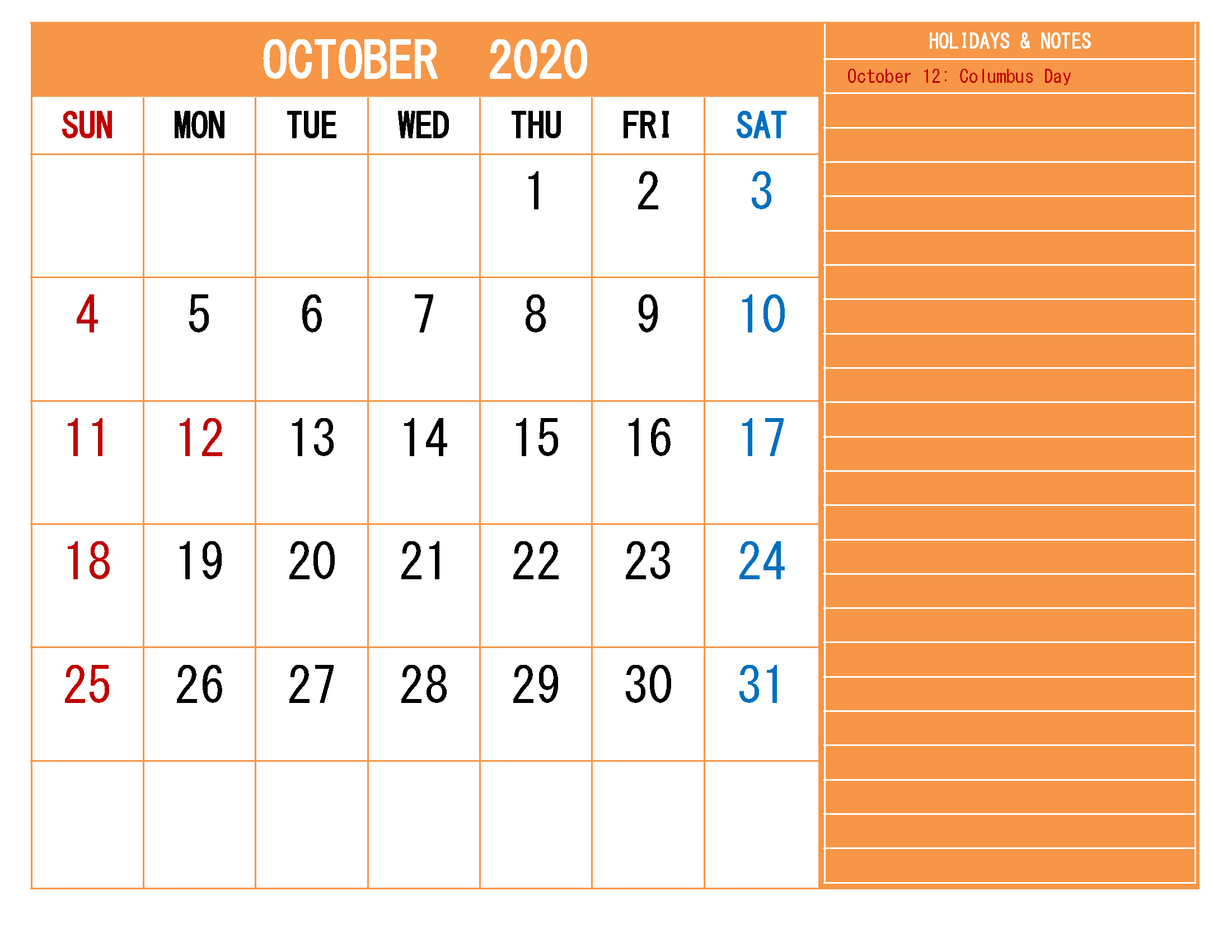 Free Monthly Printable Calendar 2020 October with Holidays