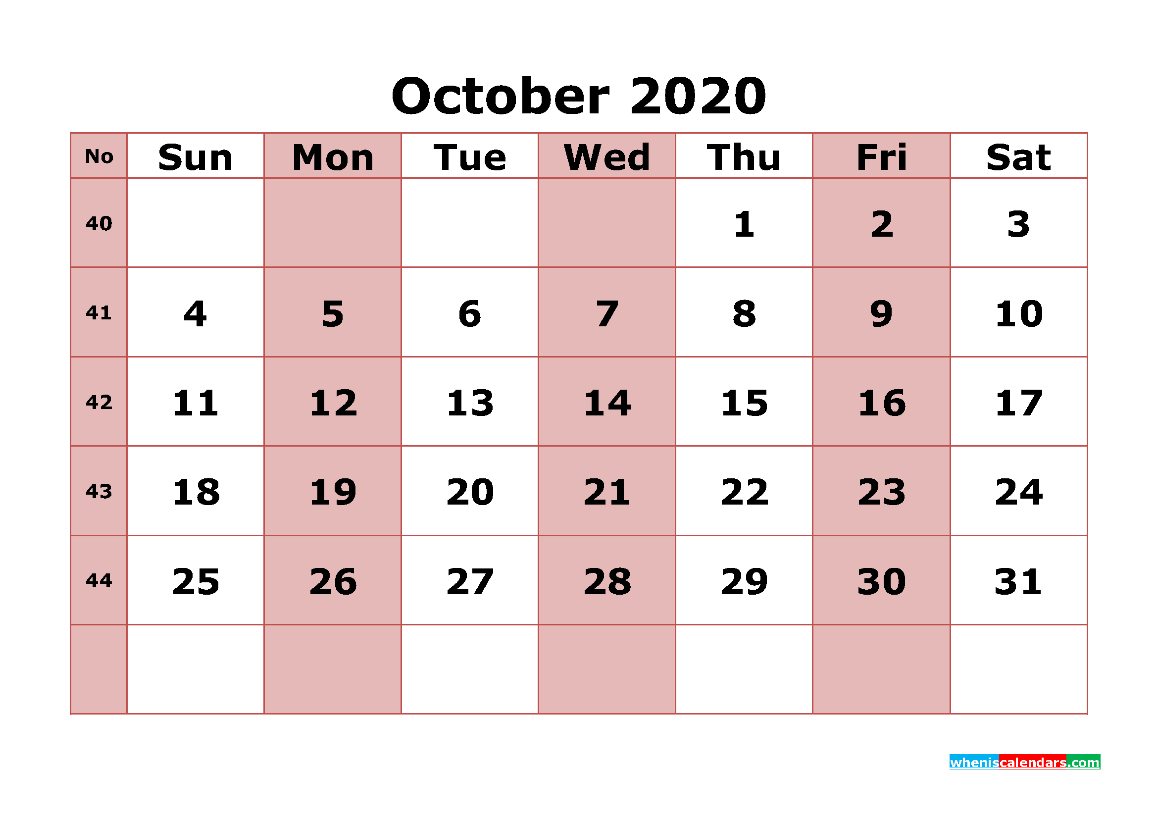 Printable October 2020 Calendar with Week Numbers