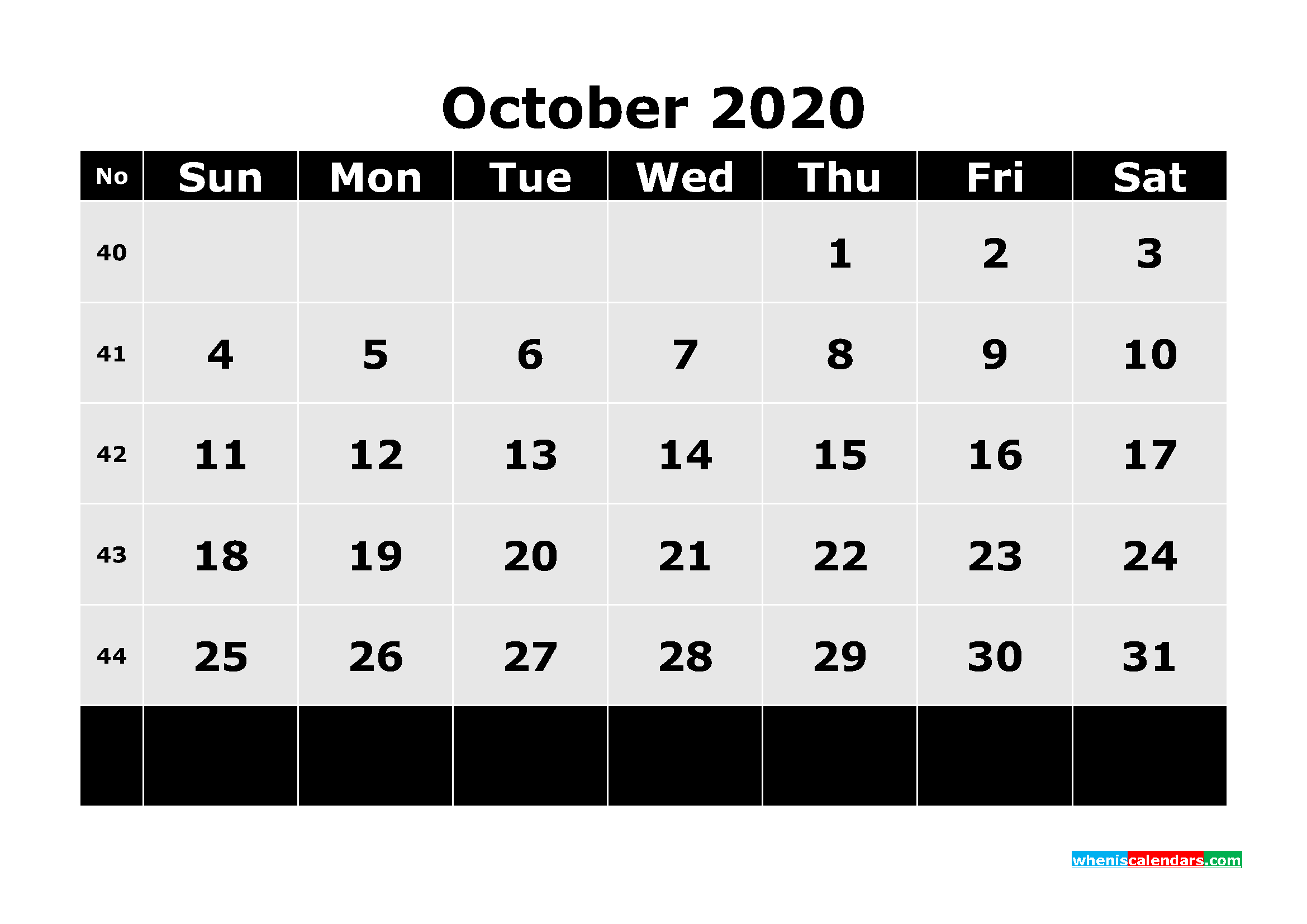 Printable October 2020 Calendar Template Word, PDF