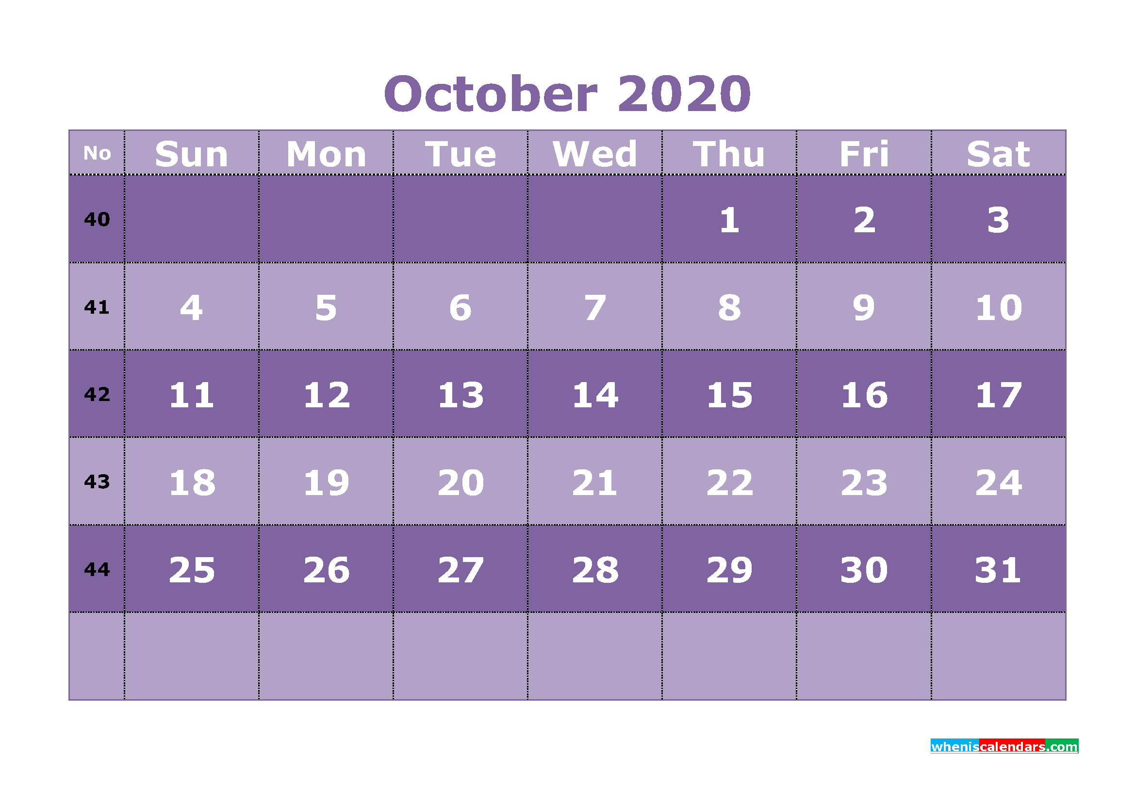 Printable October 2020 Calendar with Week Numbers