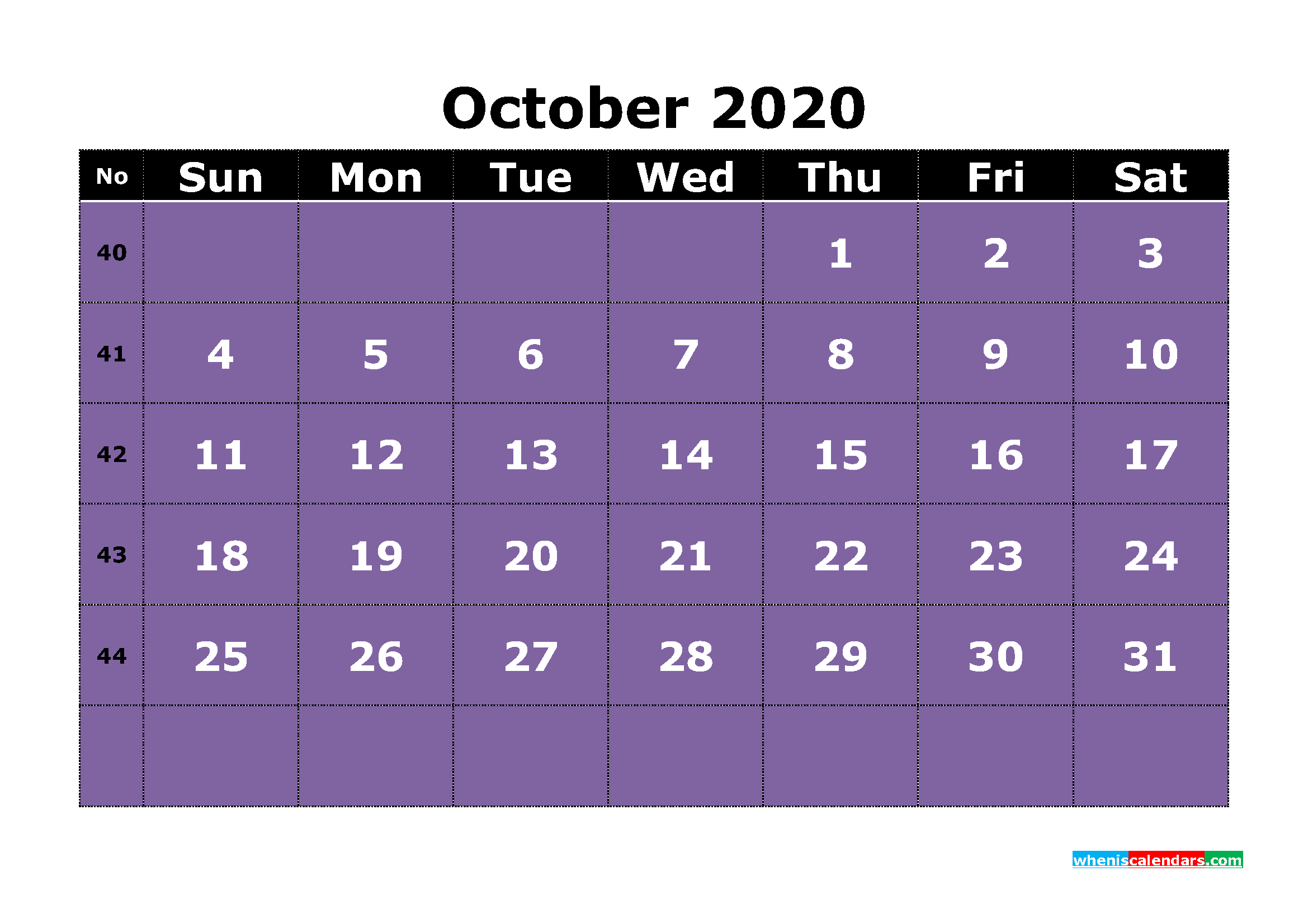 Free Printable October 2020 Calendar Word, PDF