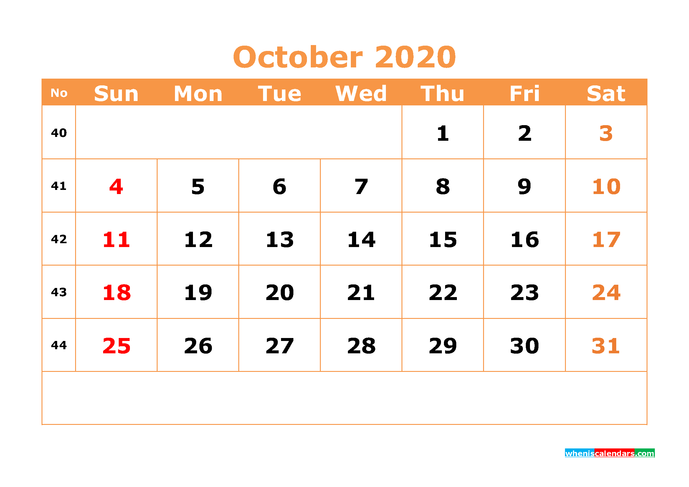 Printable October 2020 Calendar Template Word, PDF