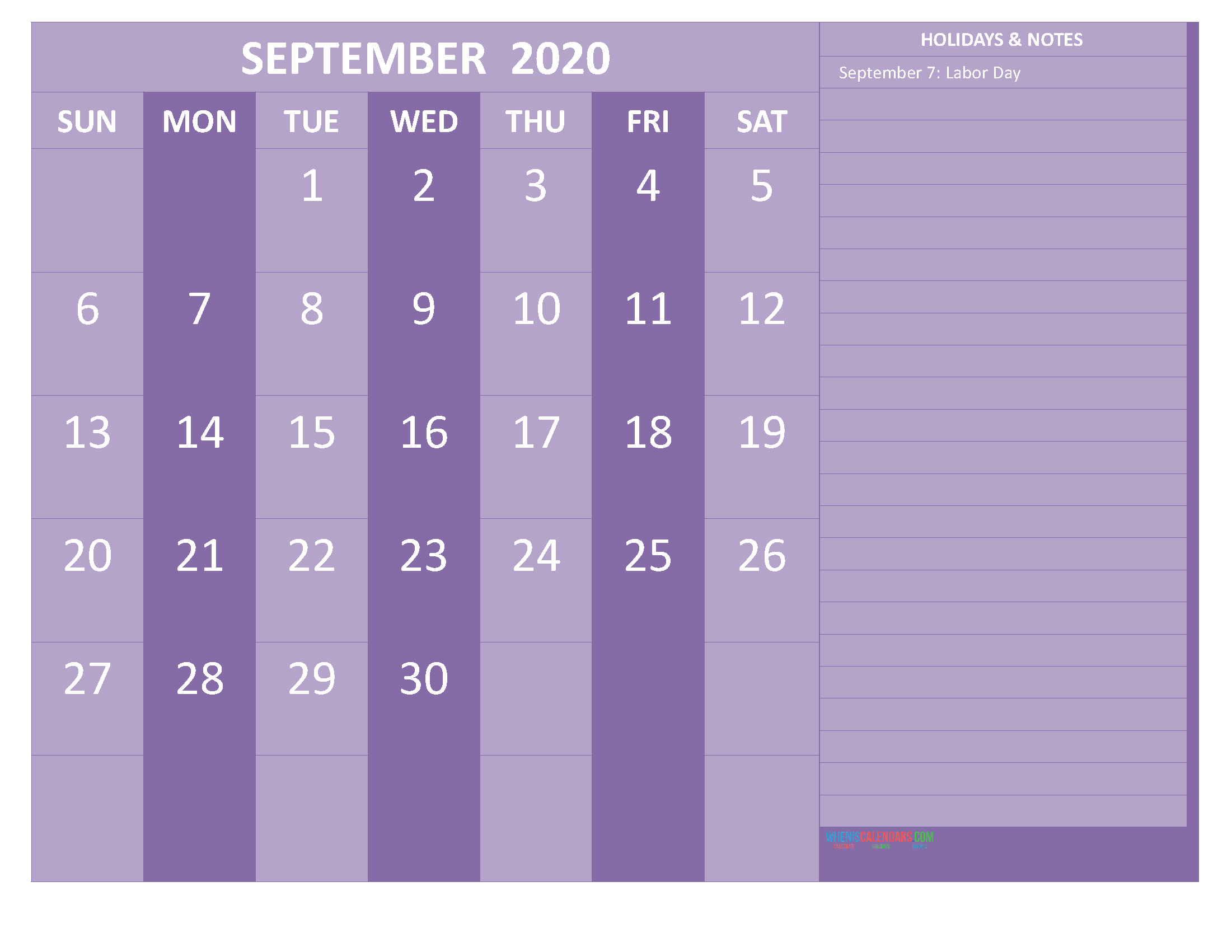 Printable September 2020 Calendar with Holidays Word