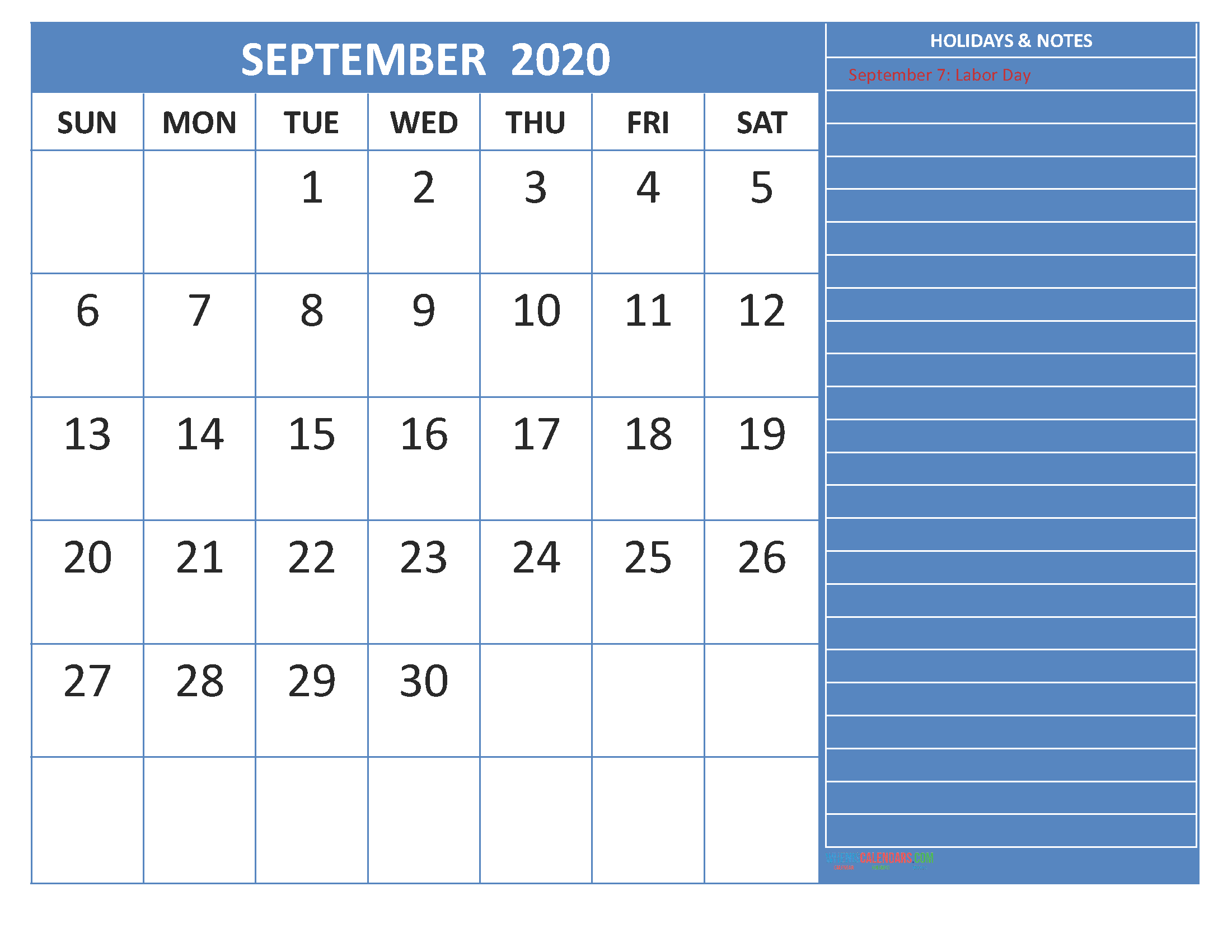 September 2020 Calendar with Holidays Word, PDF