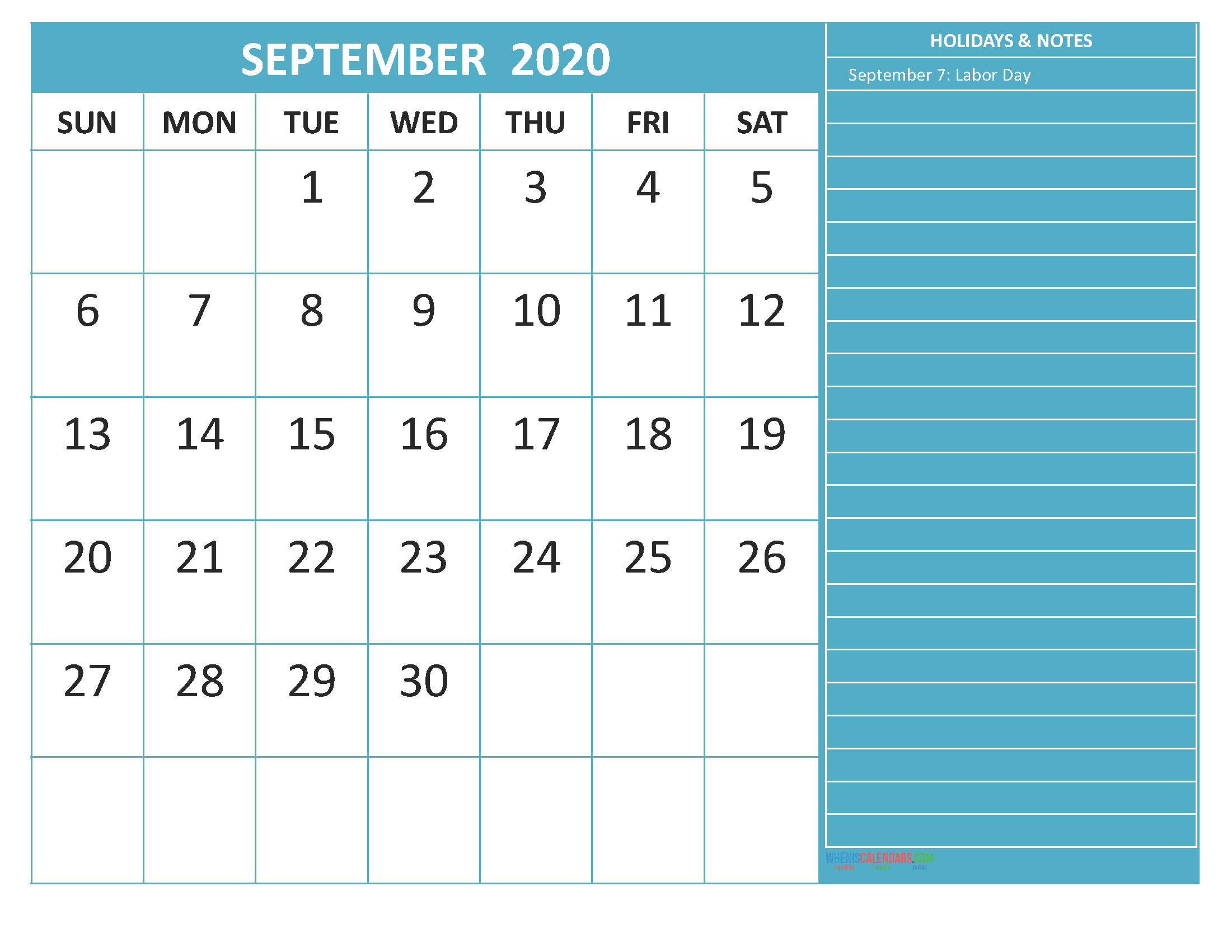 Free Printable 2020 Monthly Calendar with Holidays September