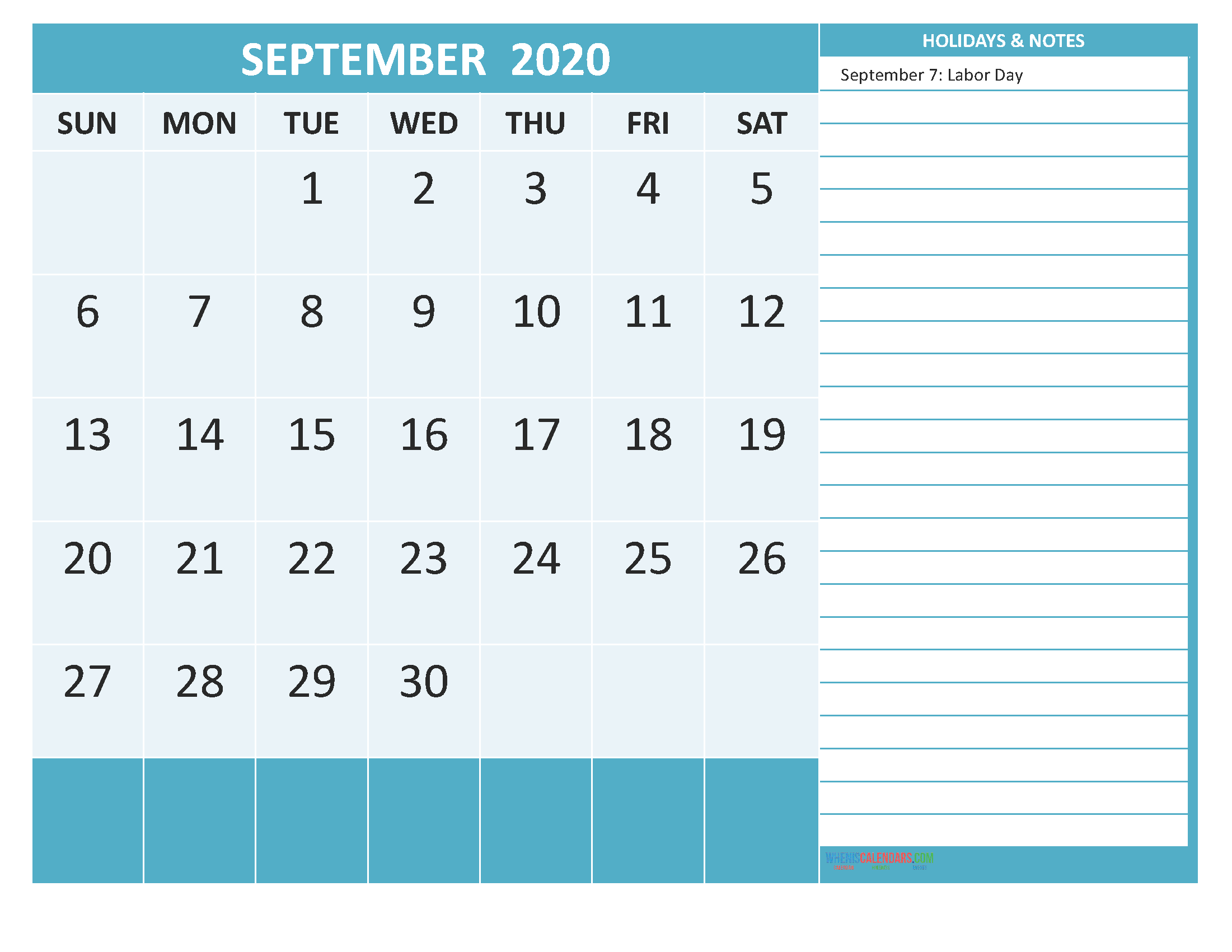 Free Printable Monthly 2020 Calendar with Holidays September