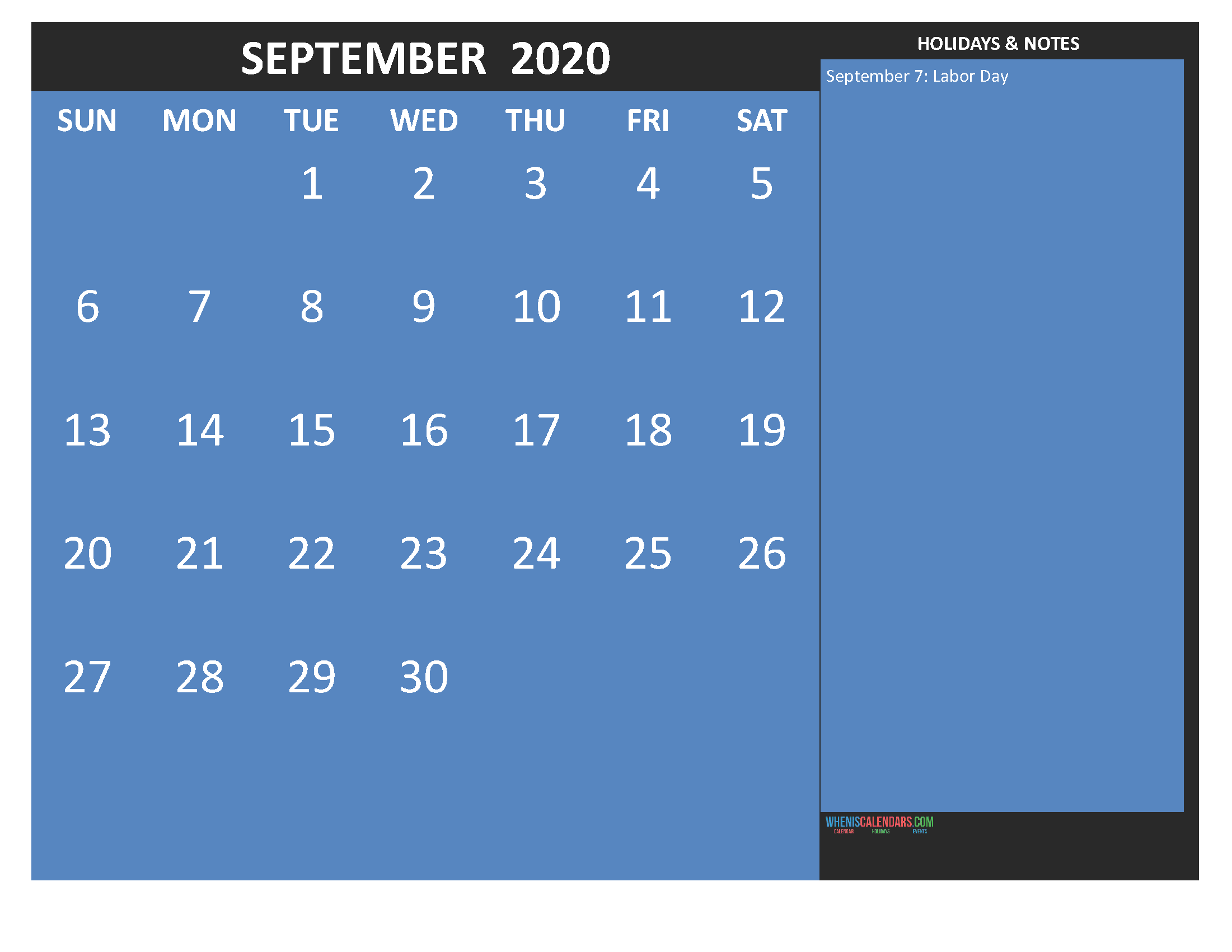 Free Printable Monthly Calendar 2020 September with Holidays