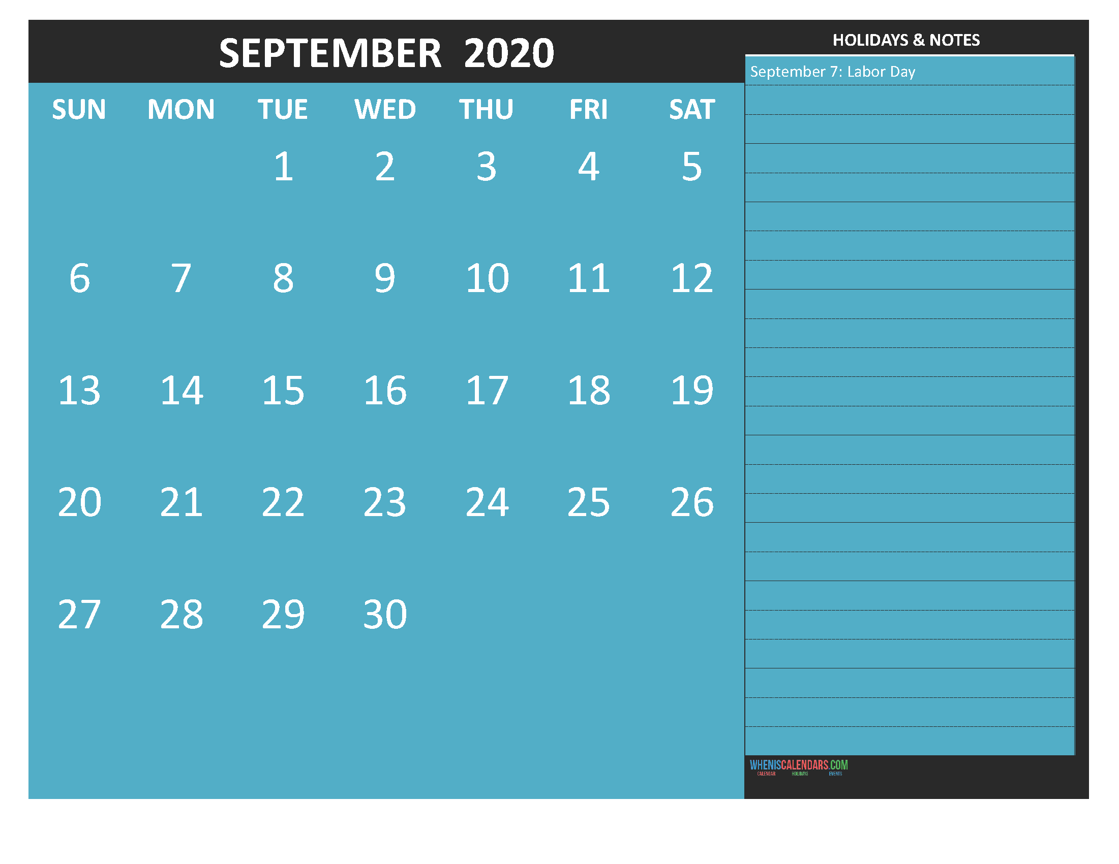 September 2020 Calendar with Holidays Word, PDF