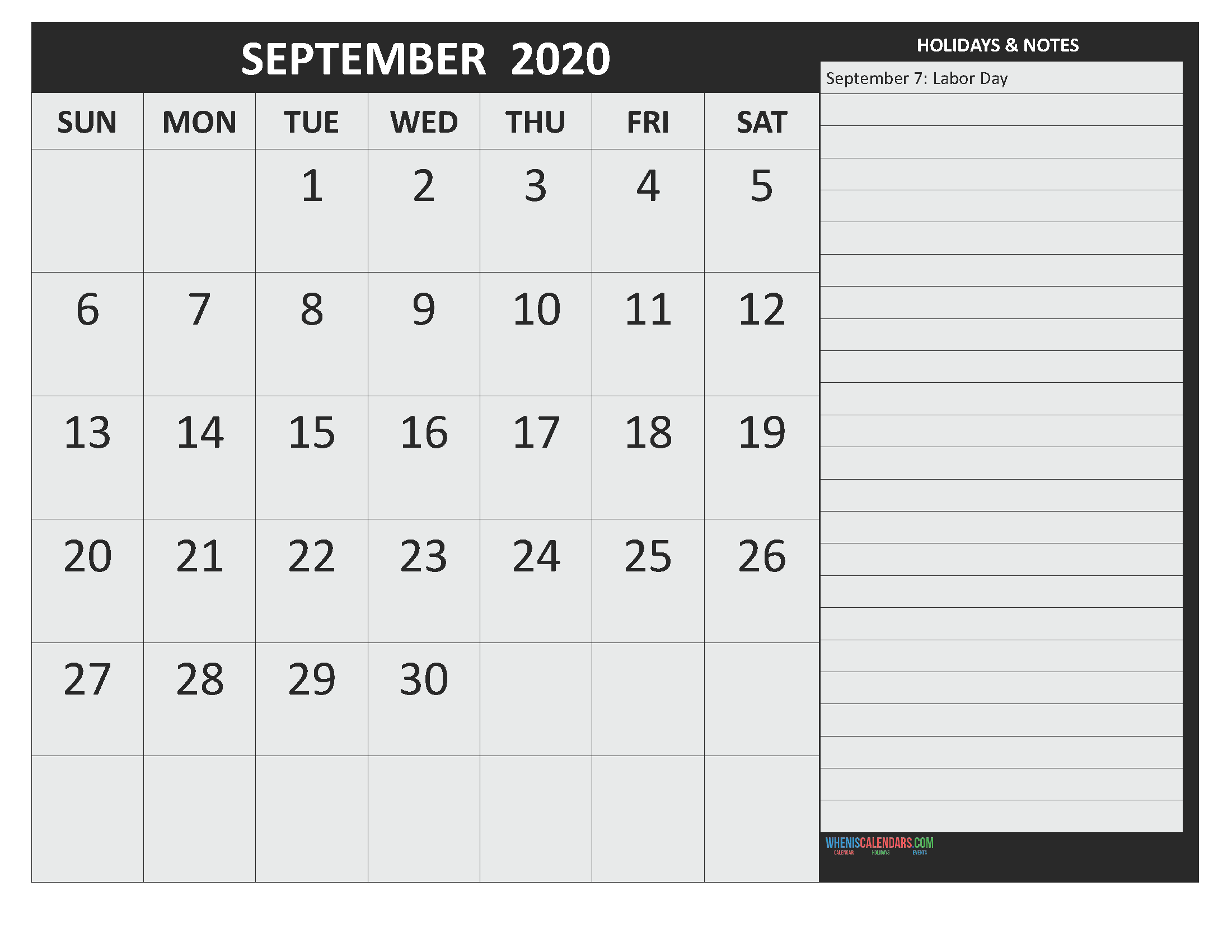 September 2020 Calendar with Holidays Free Printable by Word