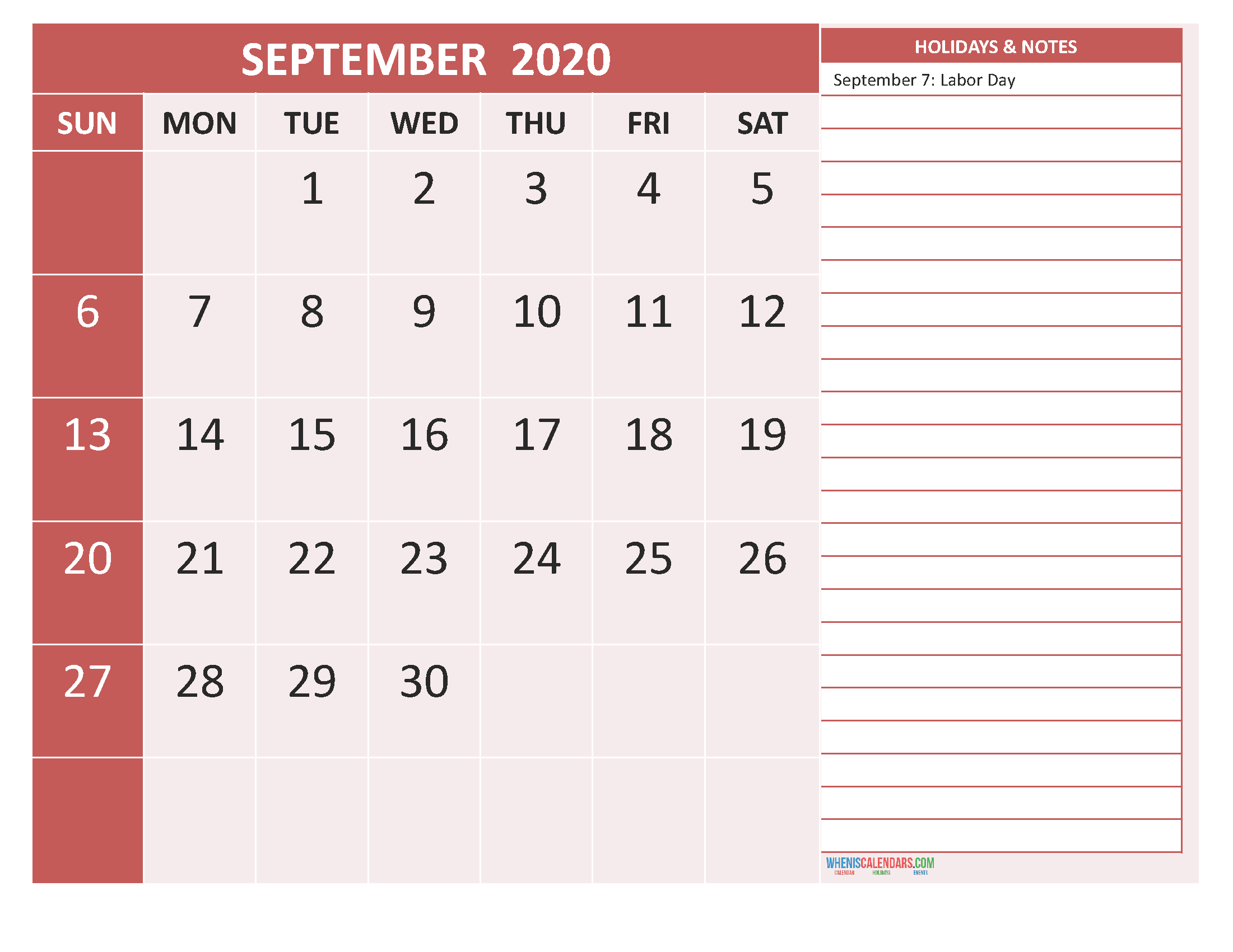 Printable September 2020 Calendar with Holidays Word