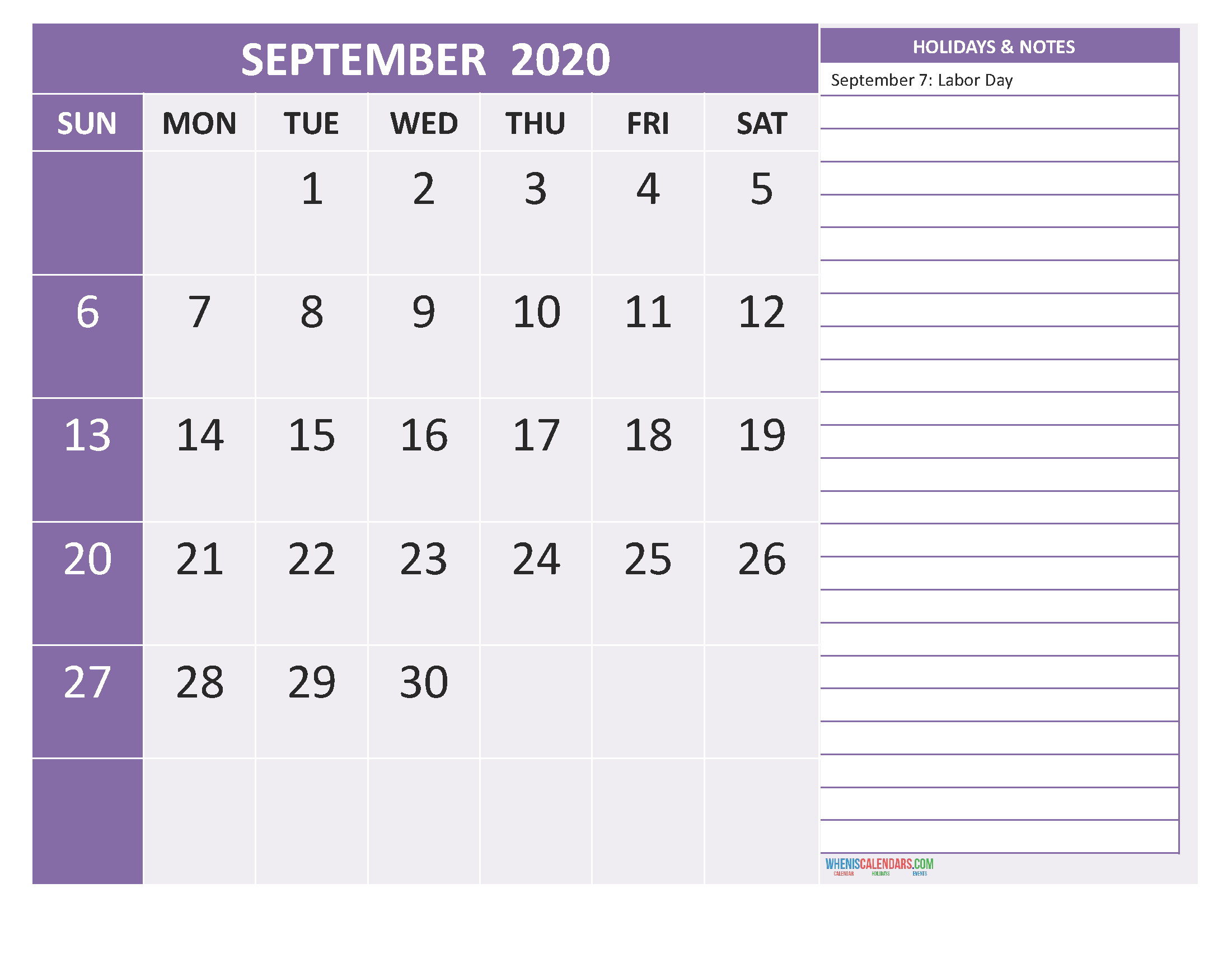Free Printable Monthly Calendar 2020 September with Holidays