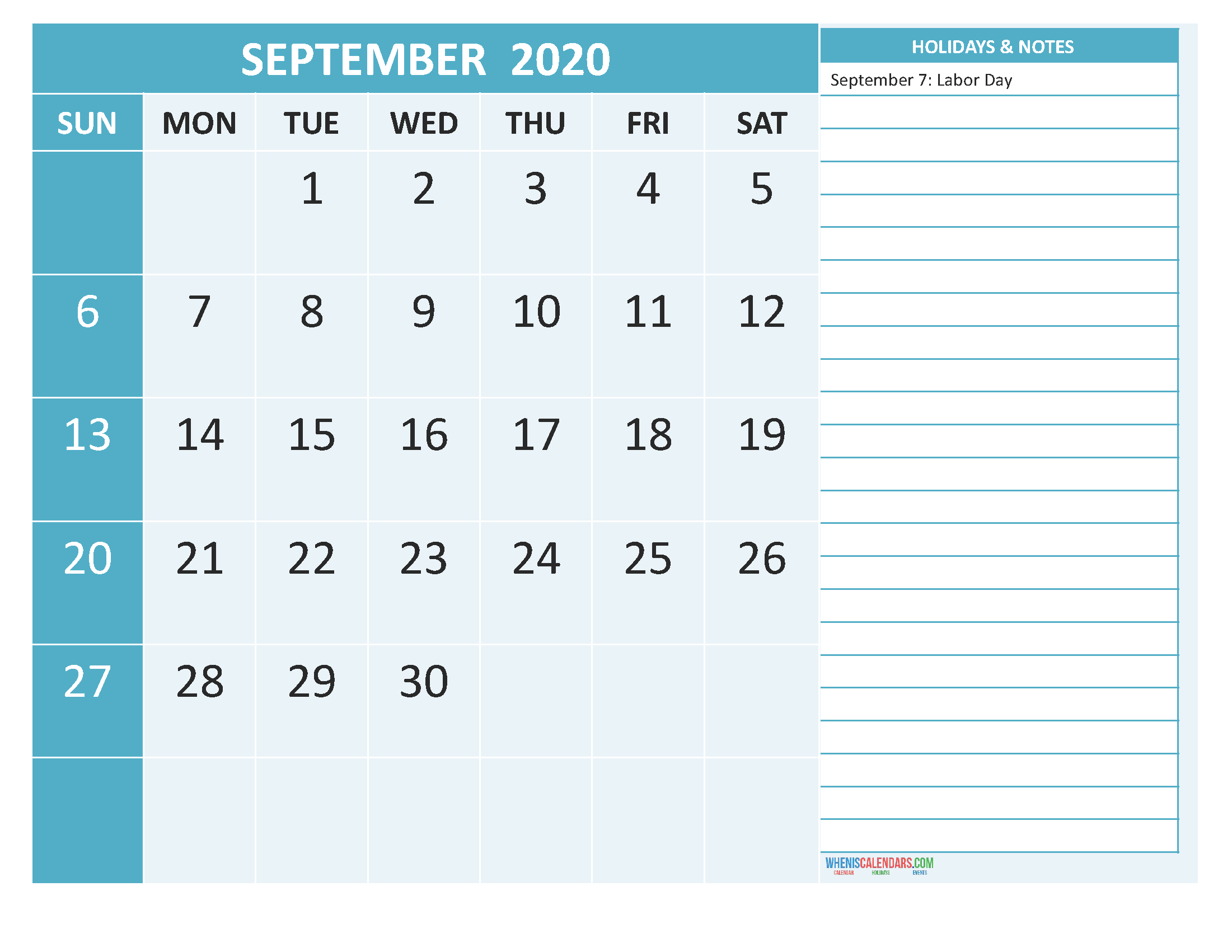 Free Printable September 2020 Calendar with Holidays