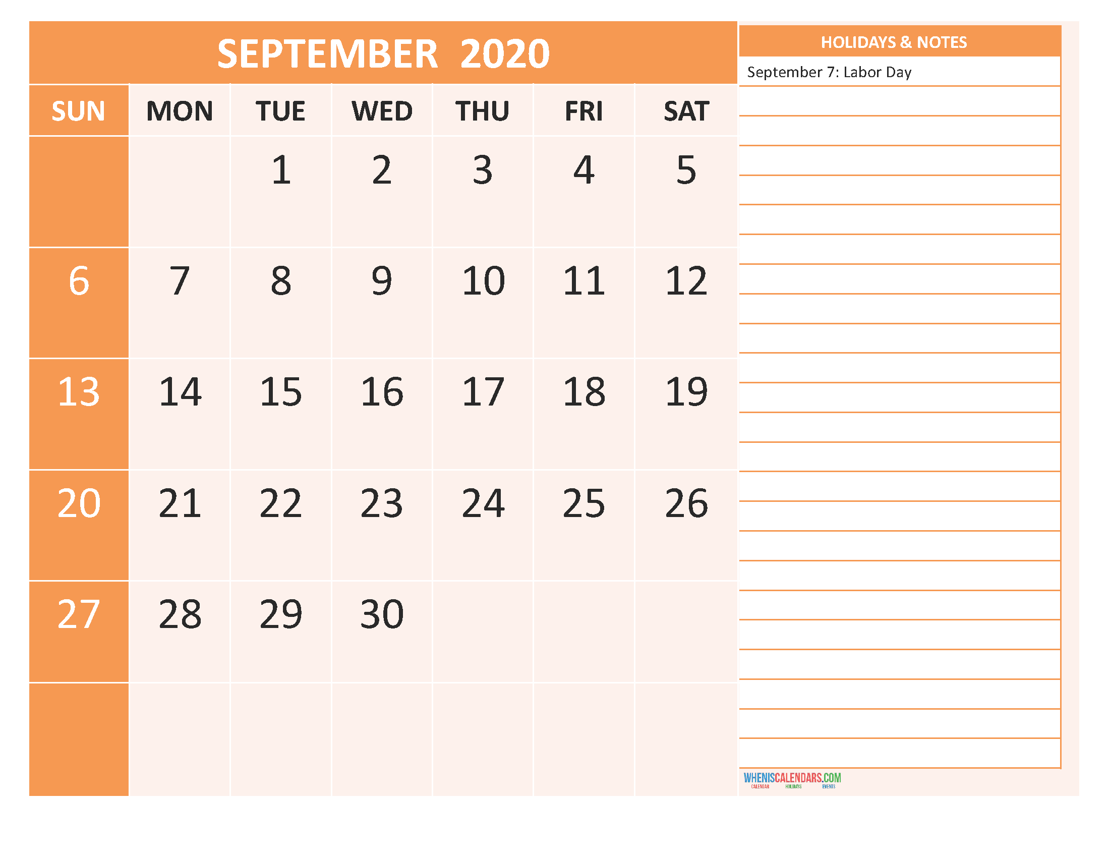Free Monthly Printable Calendar 2020 September with Holidays