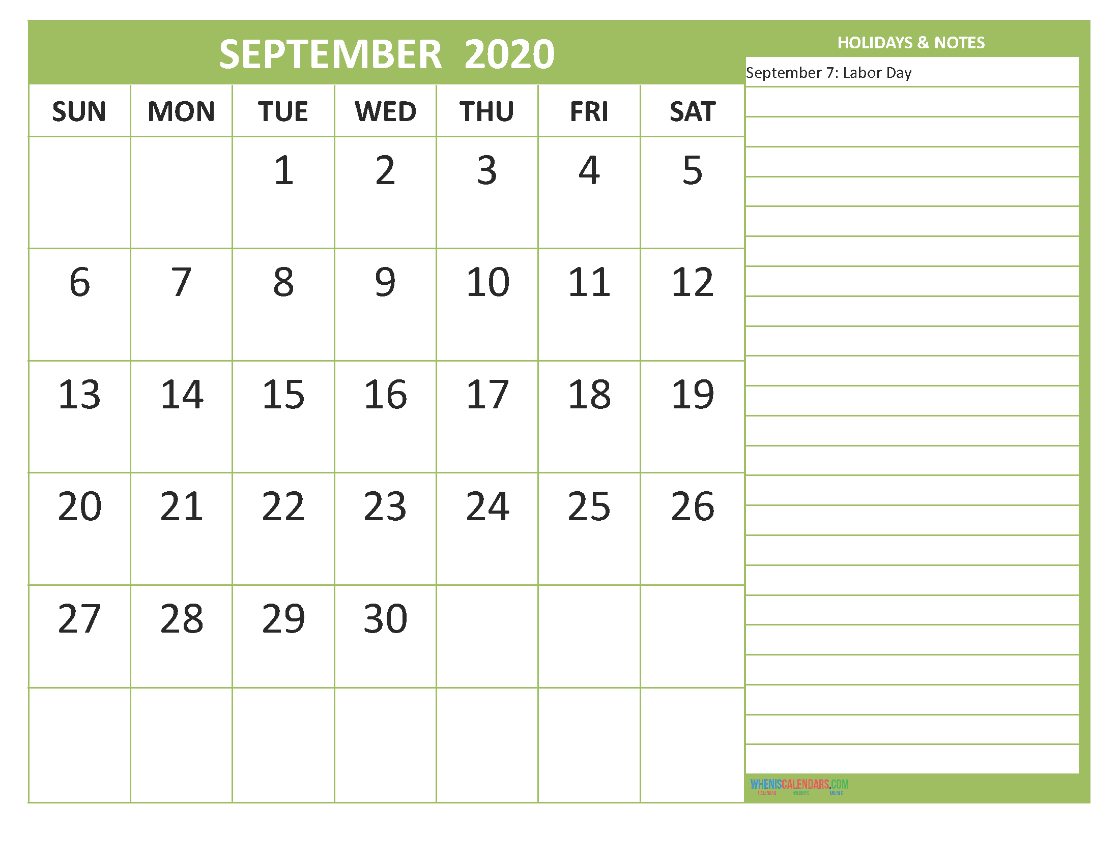 September 2020 Calendar with Holidays Free Printable