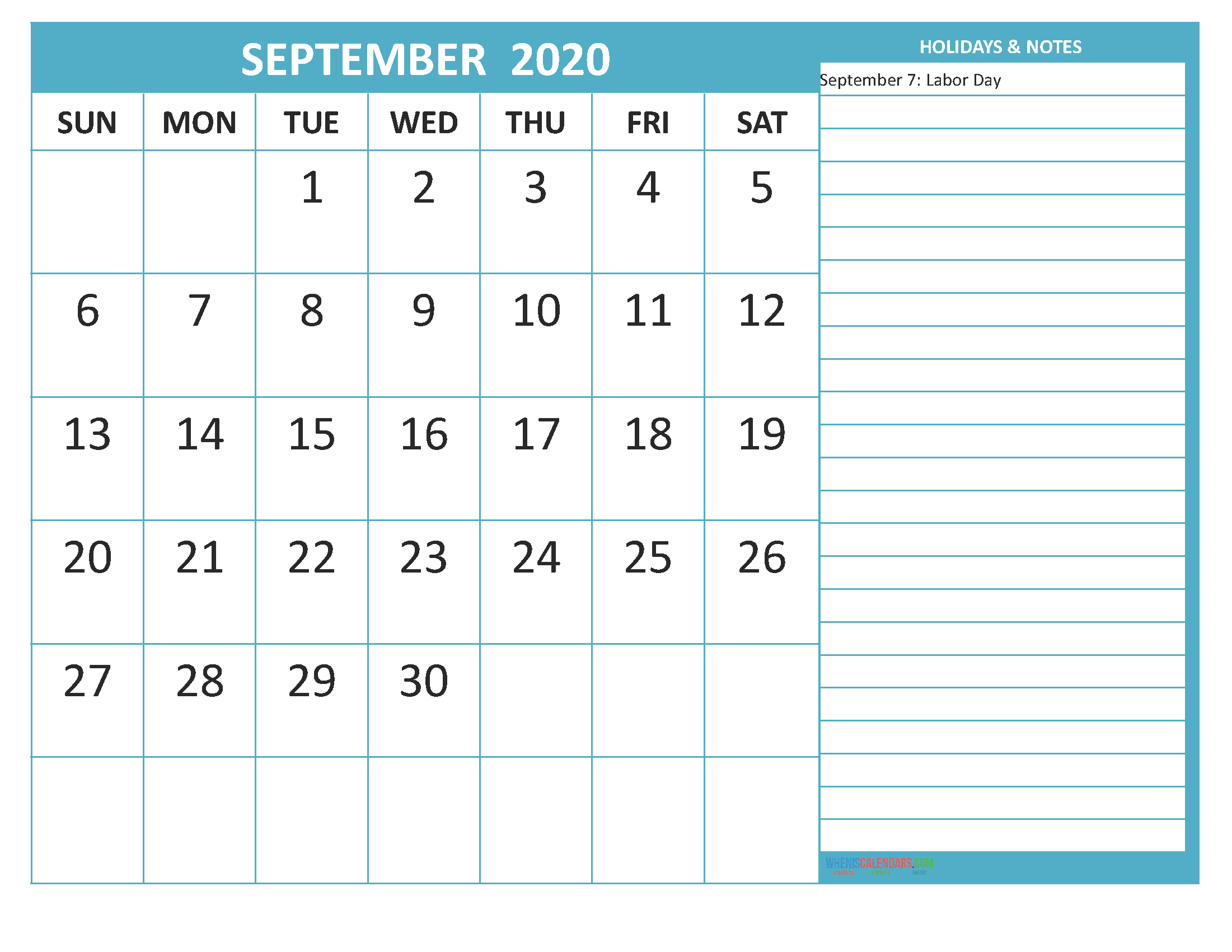 Free Printable September 2020 Calendar with Holidays