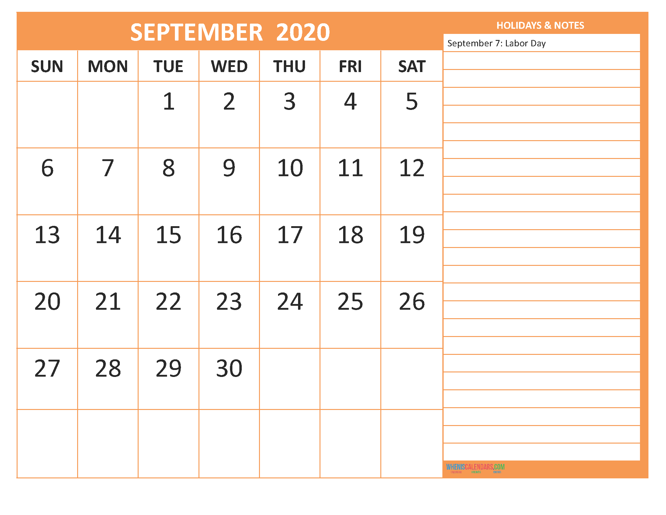 Free September 2020 Monthly Calendar Template Word