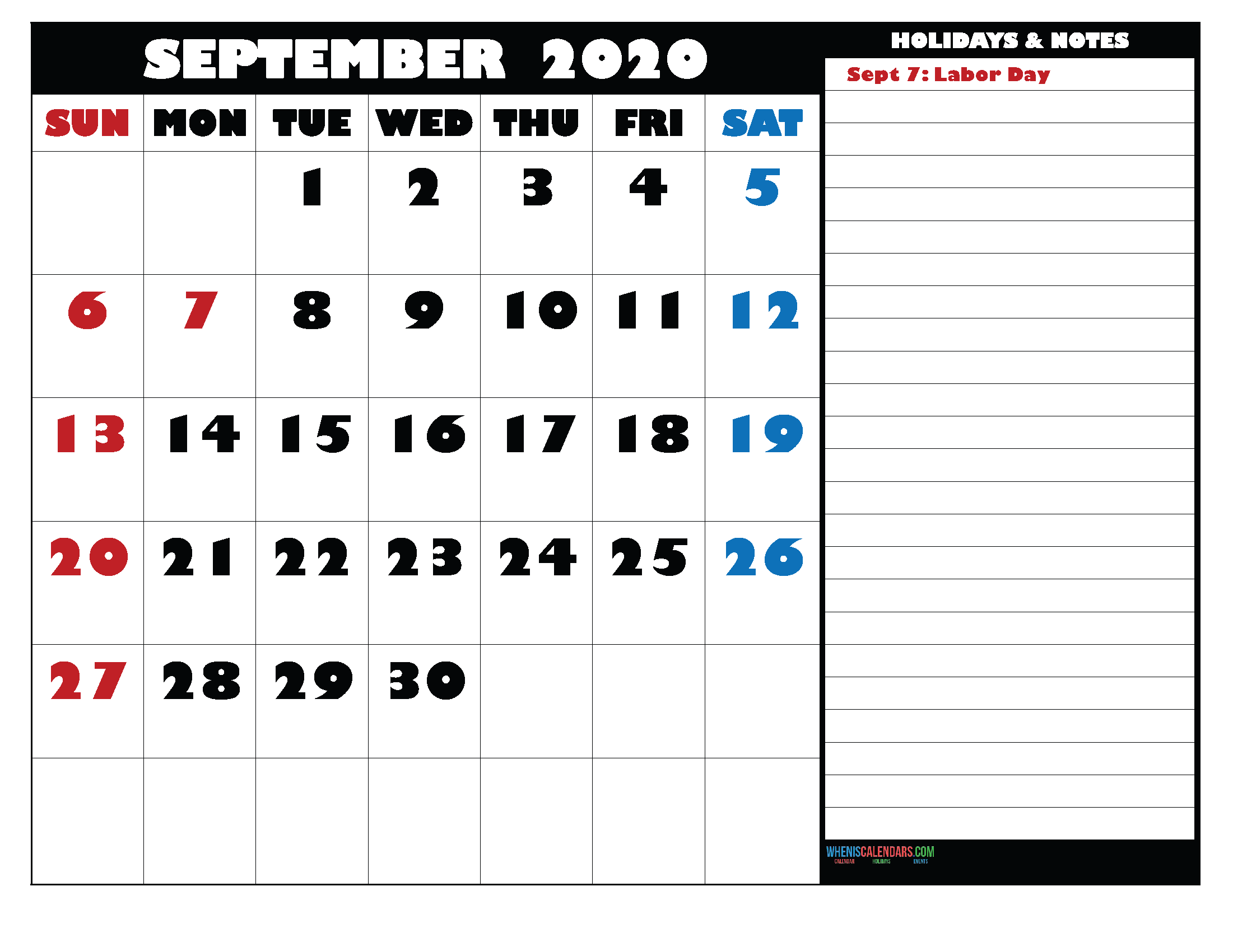 Free Monthly Printable Calendar 2020 September with Holidays