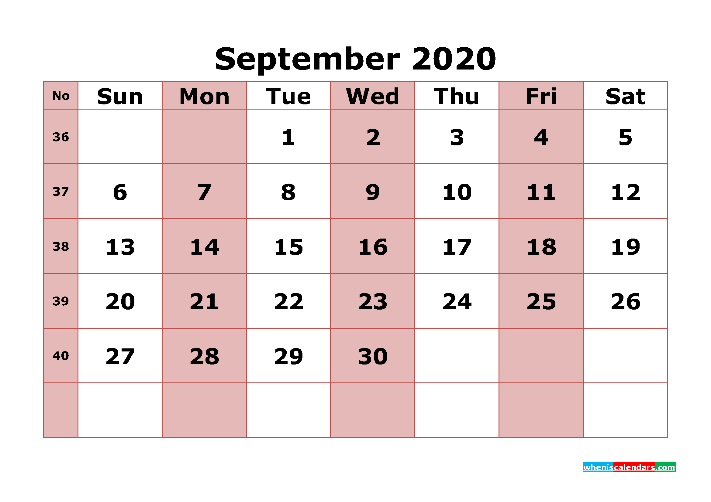 Printable September 2020 Calendar with Week Numbers