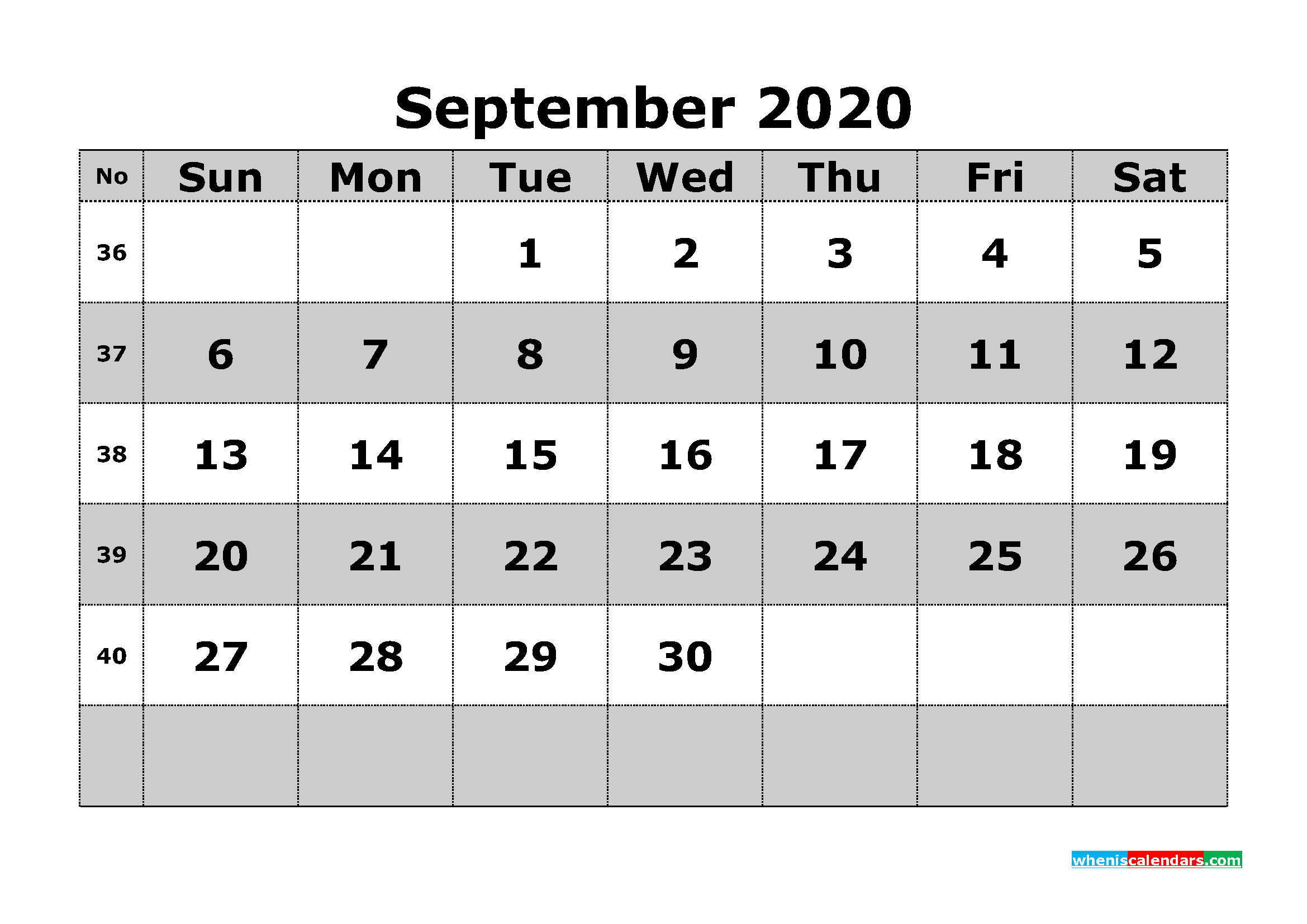 Printable September 2020 Calendar Template Word, PDF