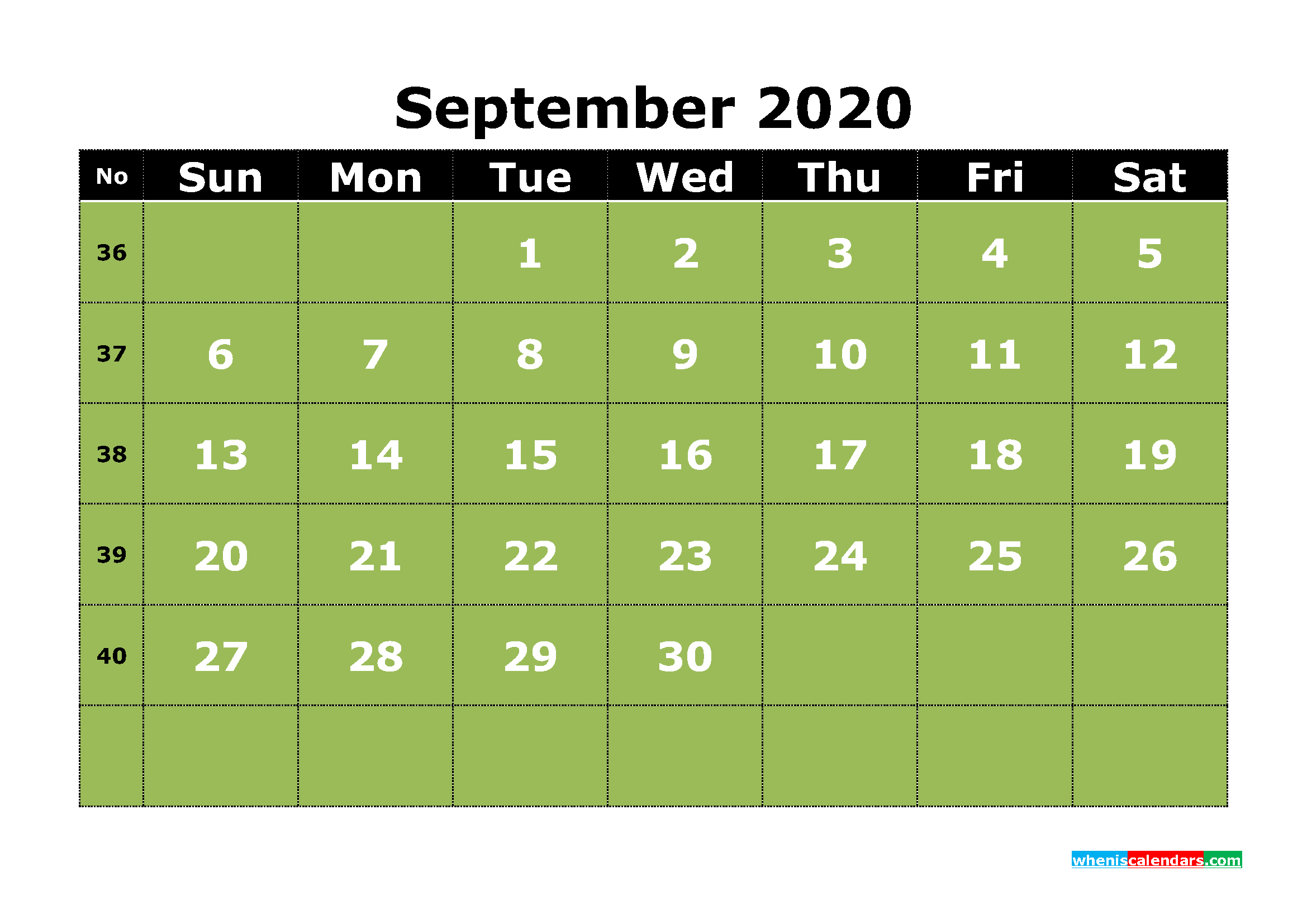 Free Printable September 2020 Calendar with Week Numbers