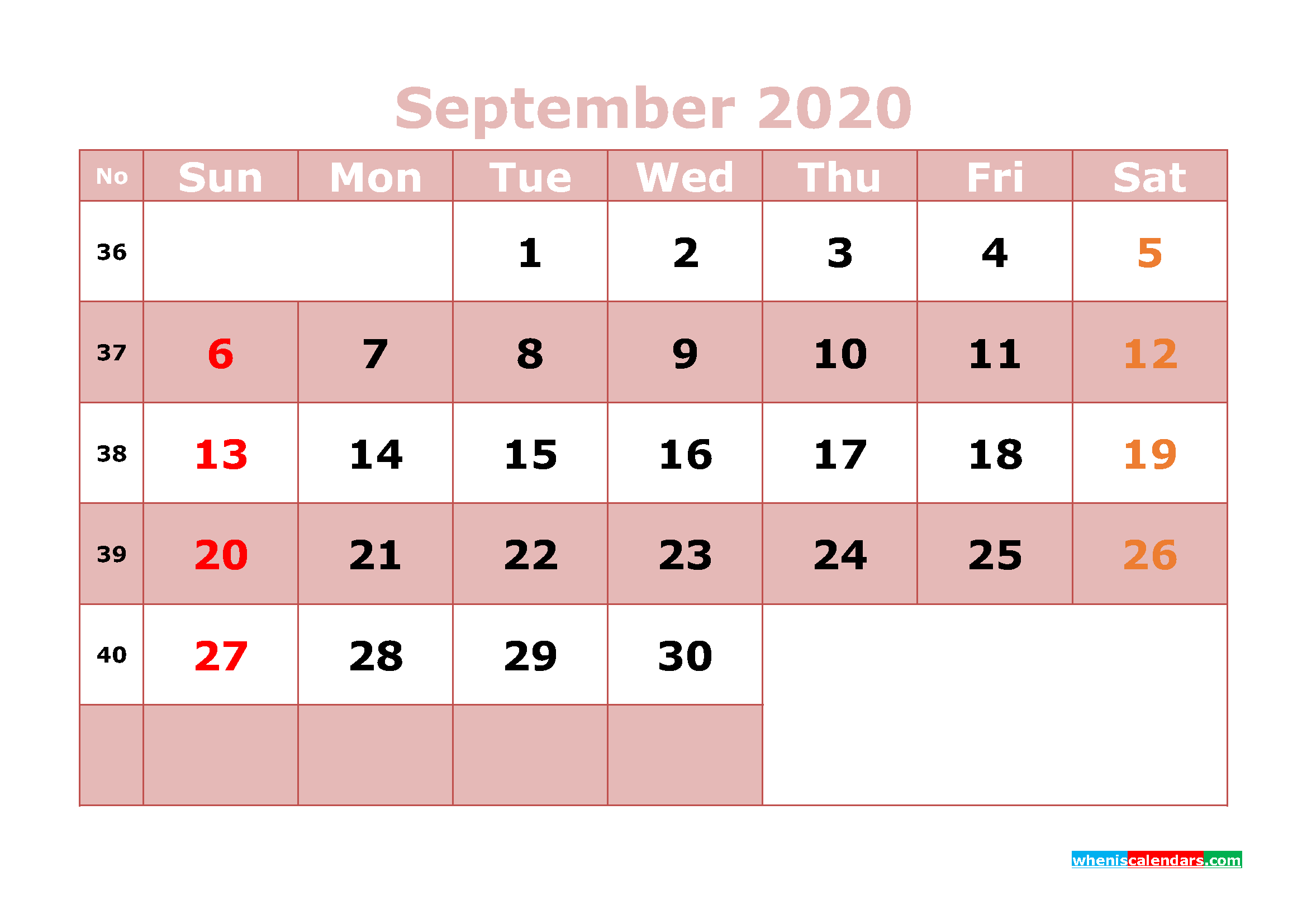 Free Printable September 2020 Calendar Word, PDF