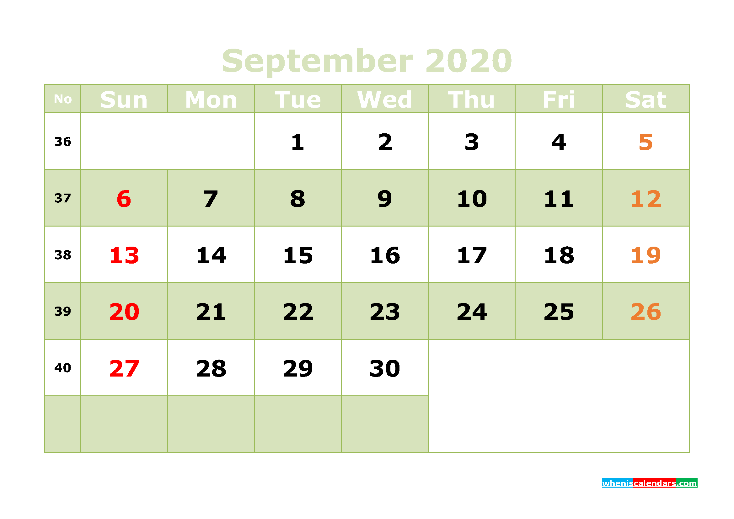 Printable September 2020 Calendar with Week Numbers