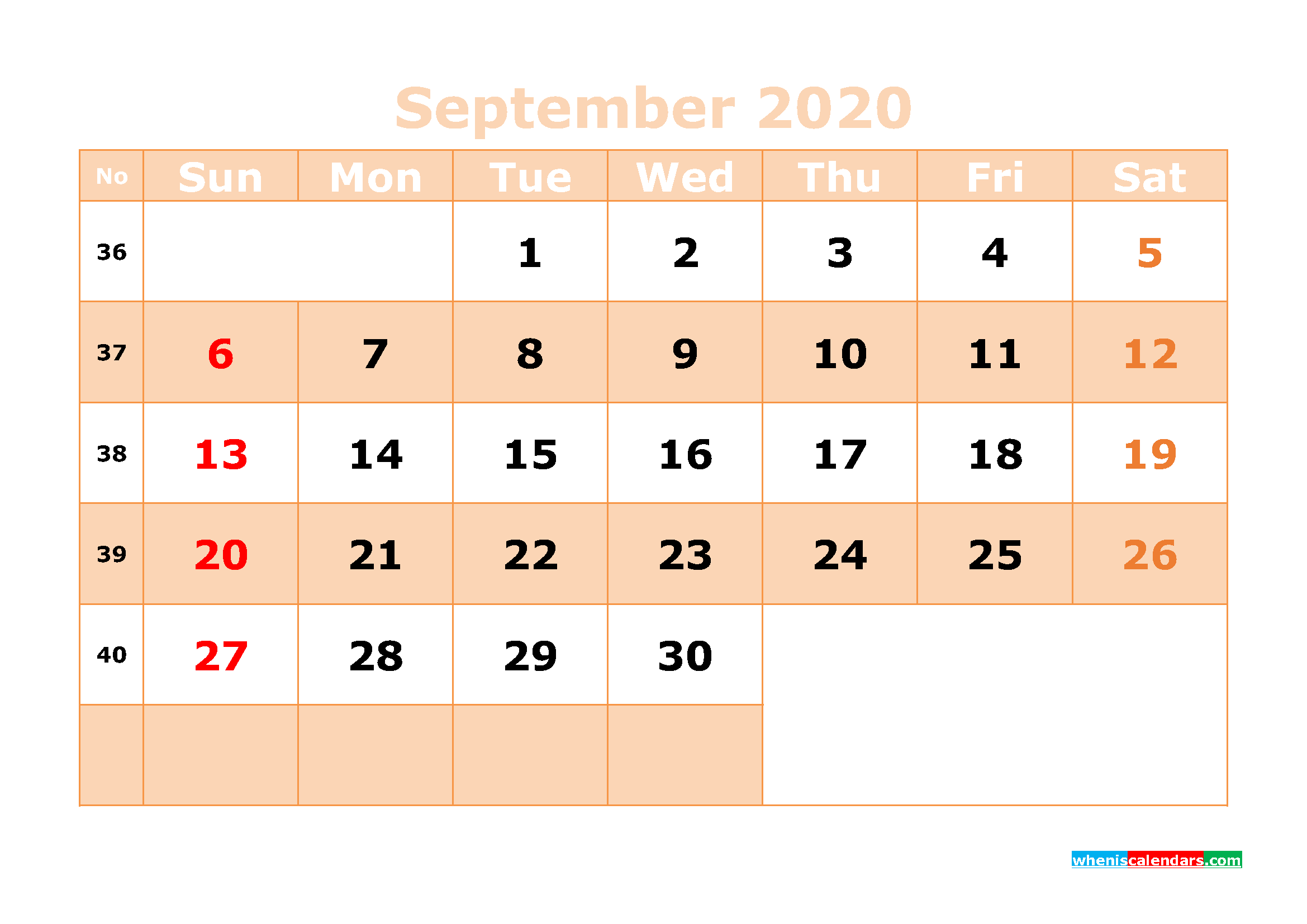Printable September 2020 Calendar Template Word, PDF