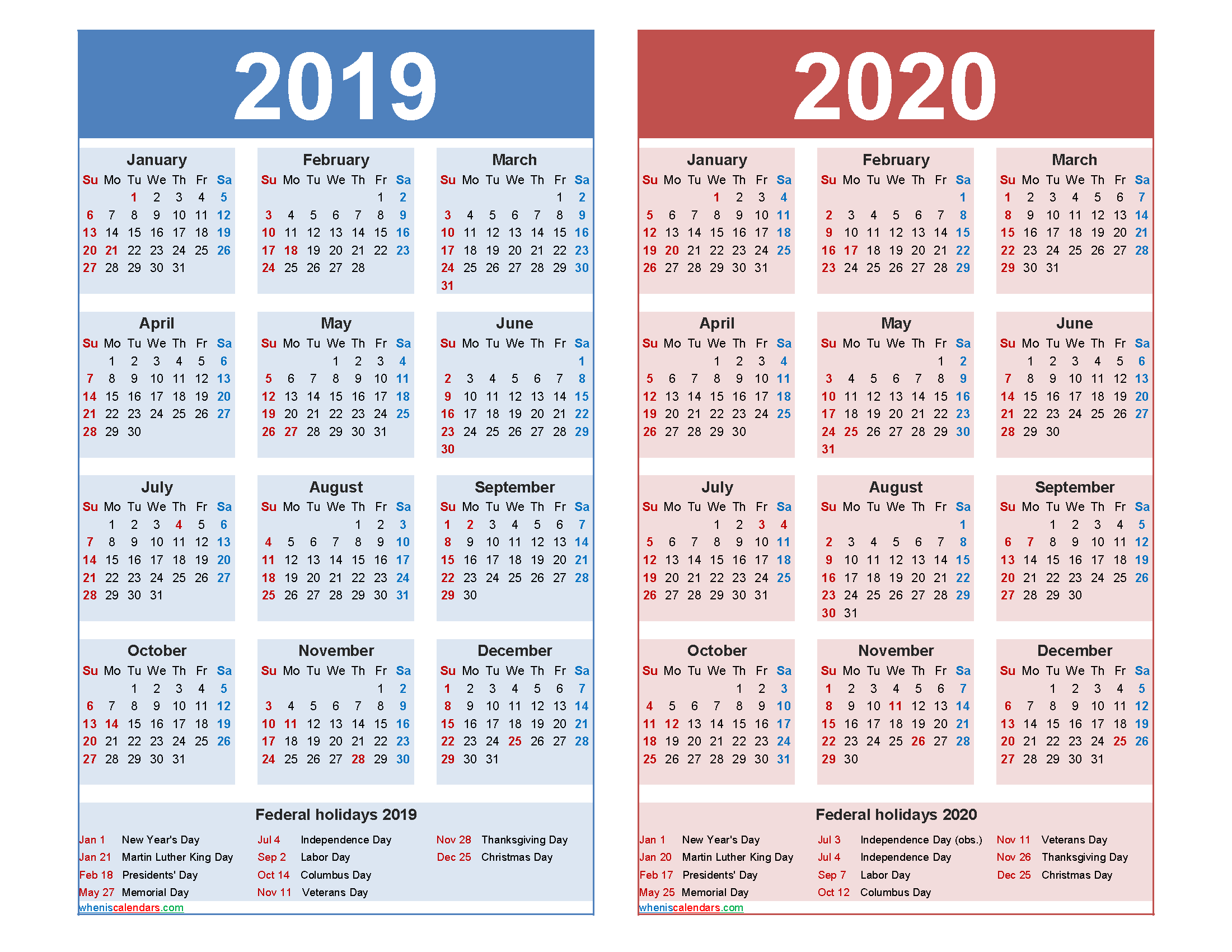 Free 2019 2020 Calendar Printable with Holidays - Free ...