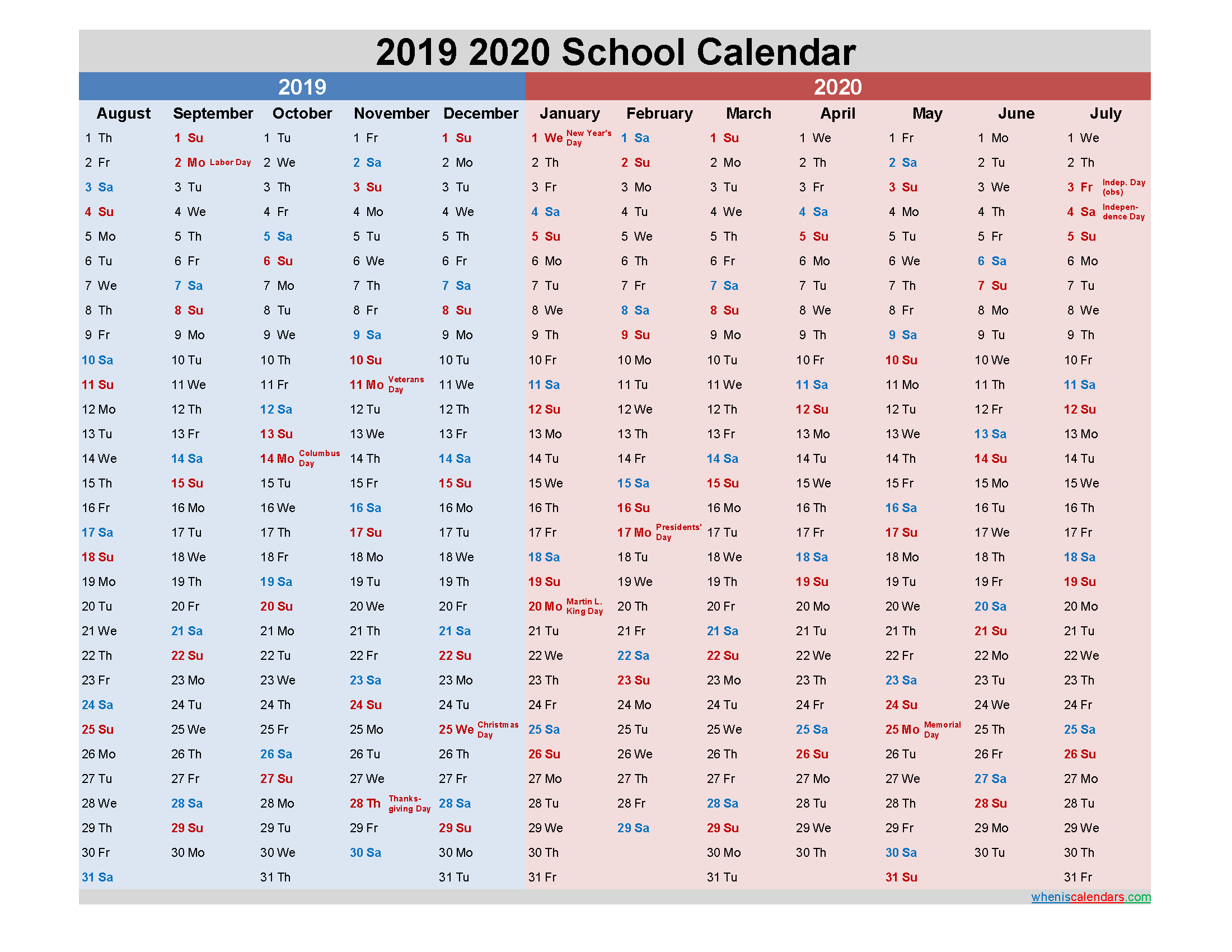 2019 and 2020 School Calendar Printable - Template No.20scl20