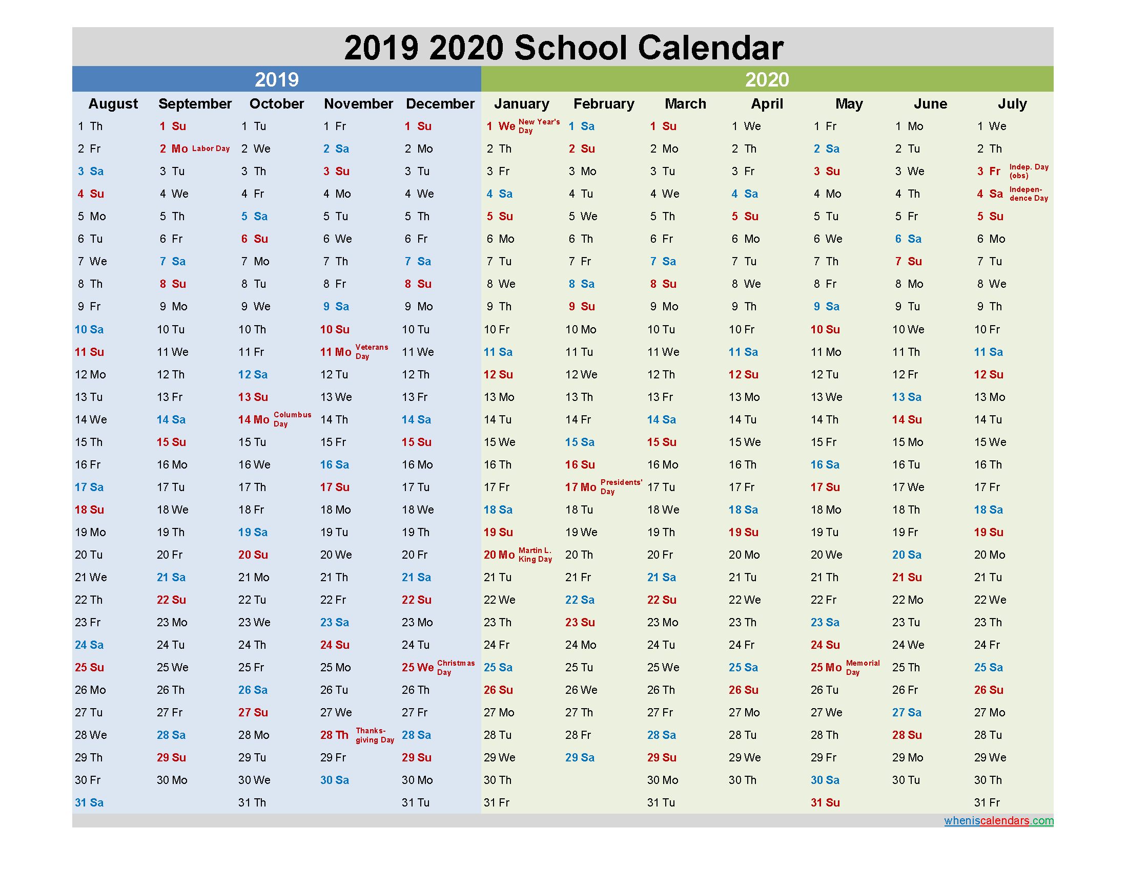 2019 and 2020 School Calendar Printable - Template No.20scl22
