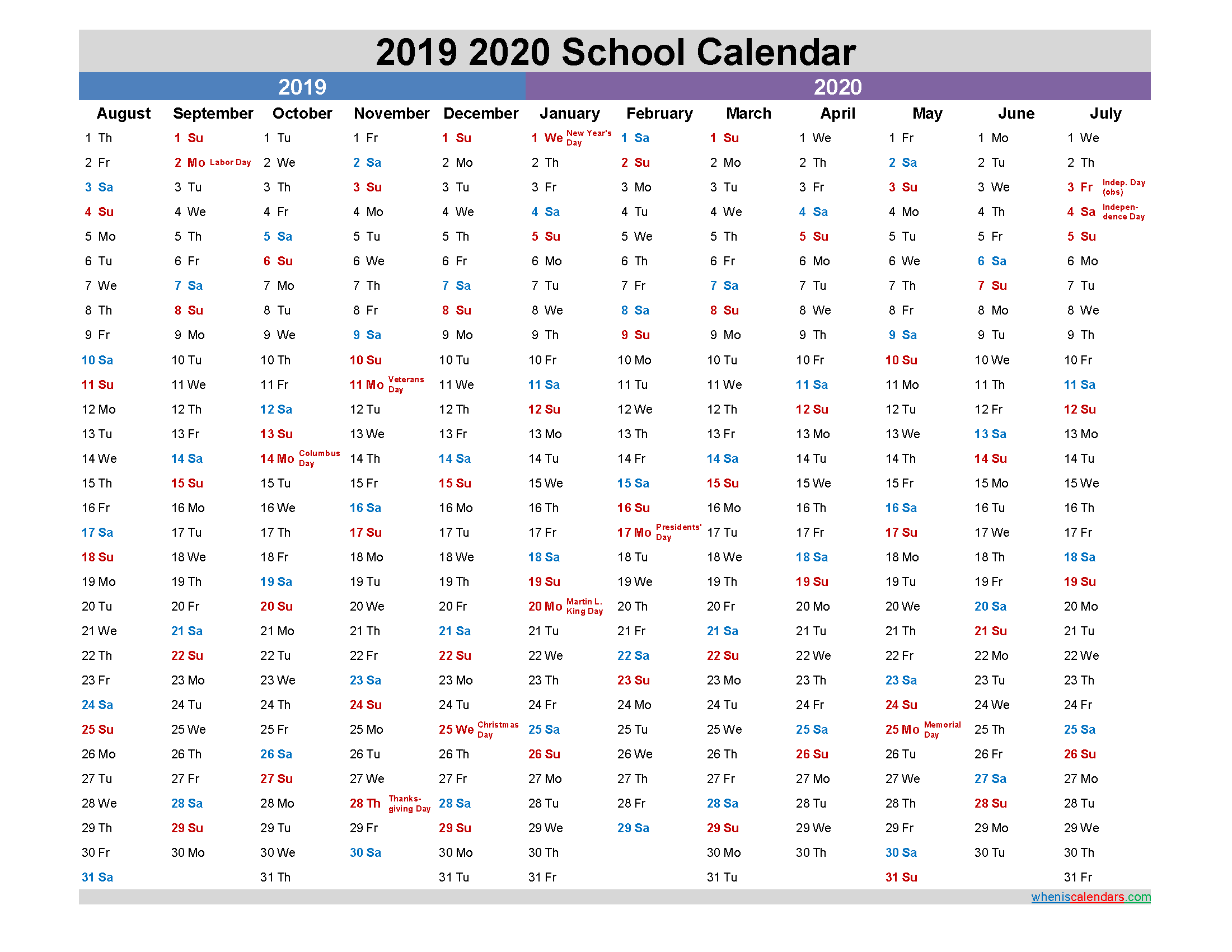 2019 and 2020 School Calendar Printable - Template No.20scl23