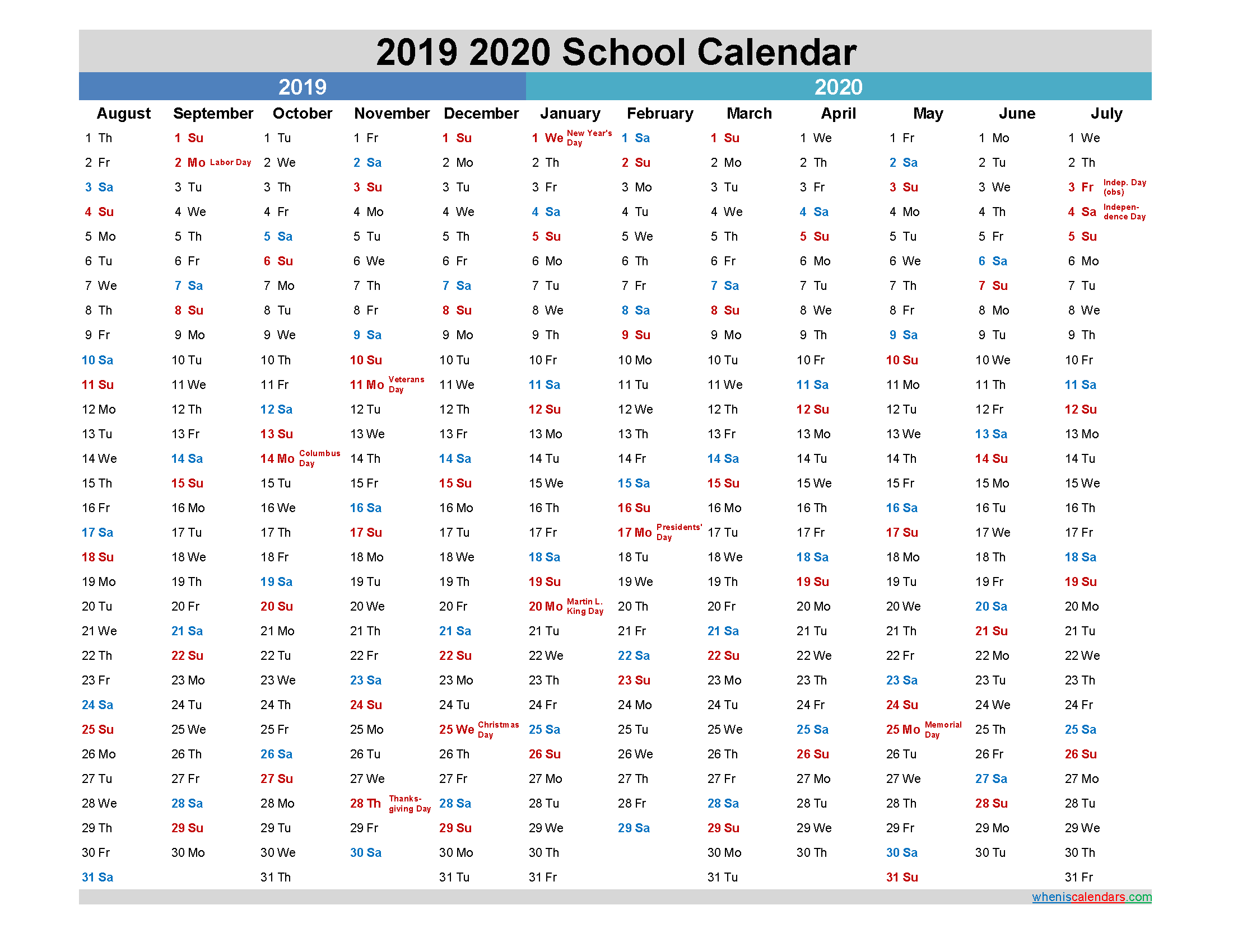 2019 and 2020 School Calendar Printable - Template No.20scl25