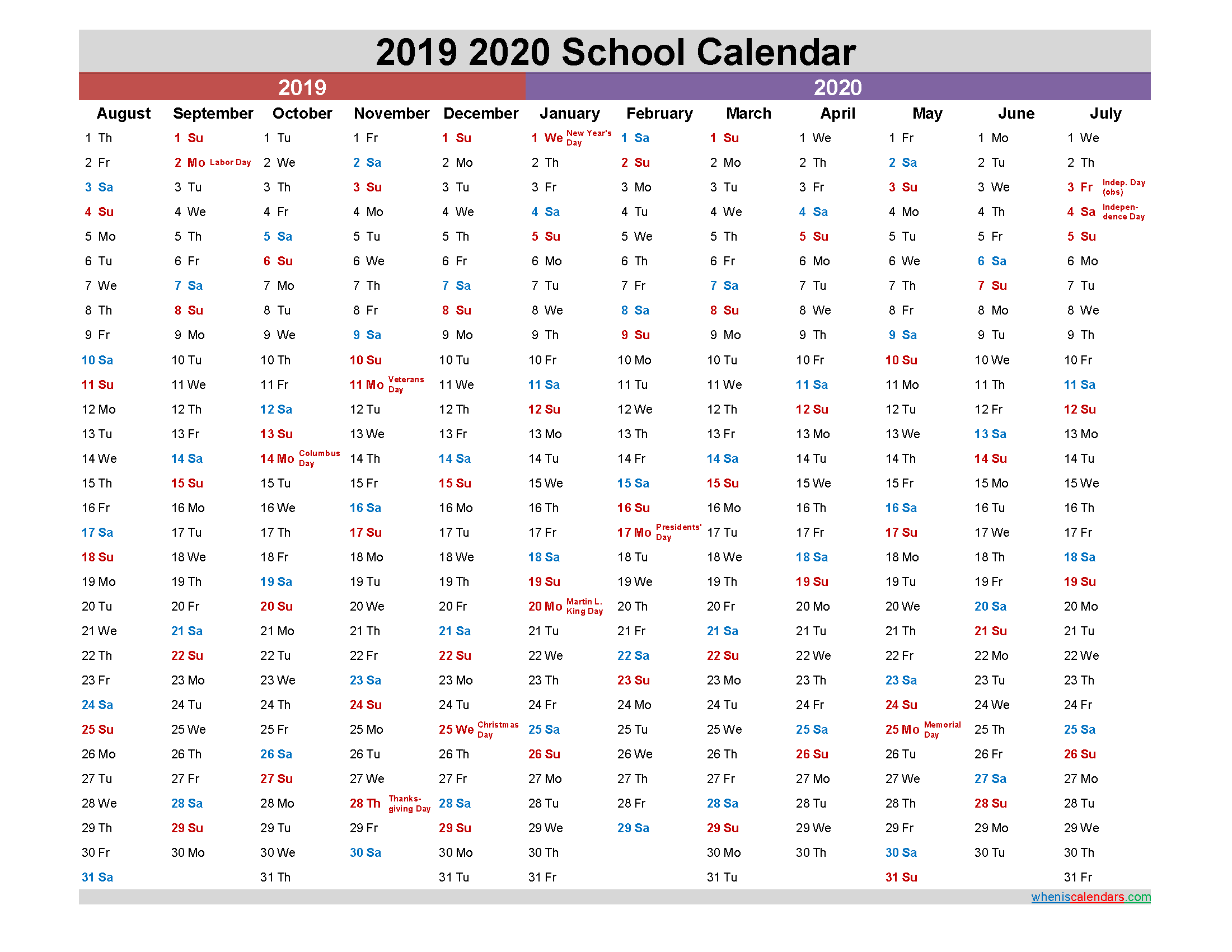 2019 and 2020 School Calendar Printable - Template No.20scl33