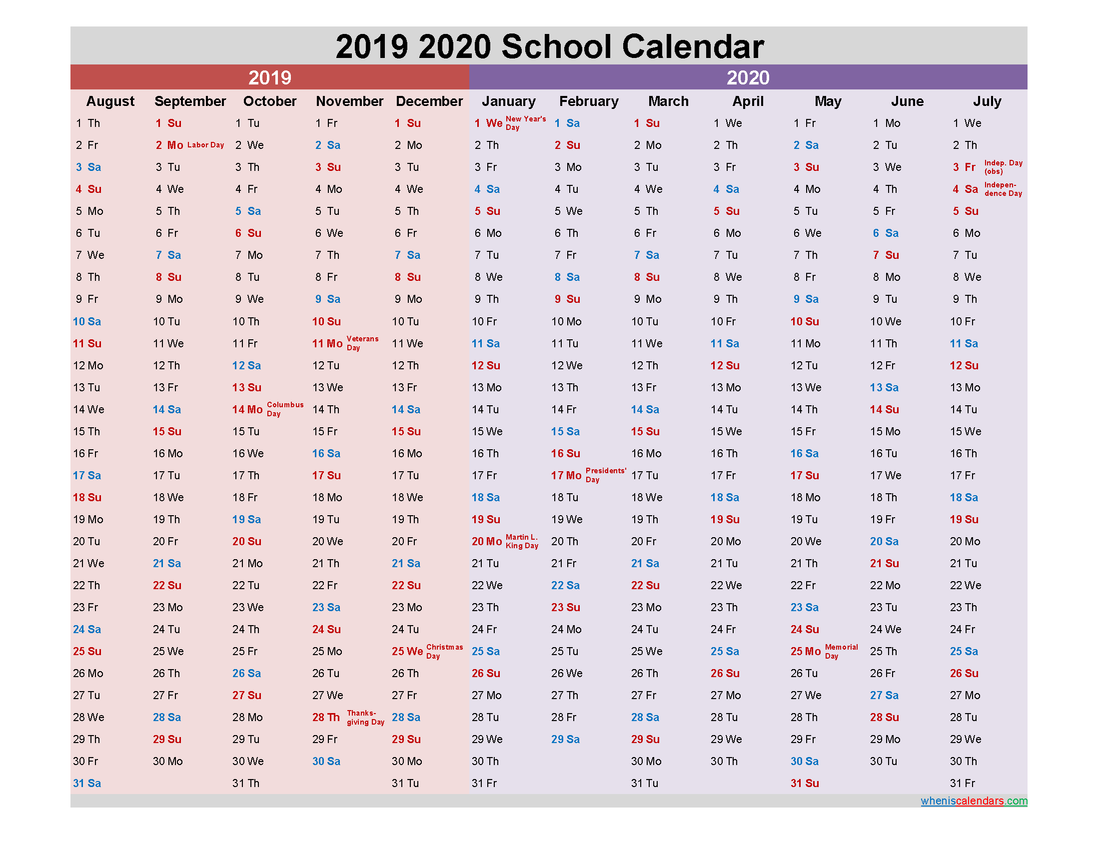 2019 and 2020 School Calendar Printable - Template No.20scl34
