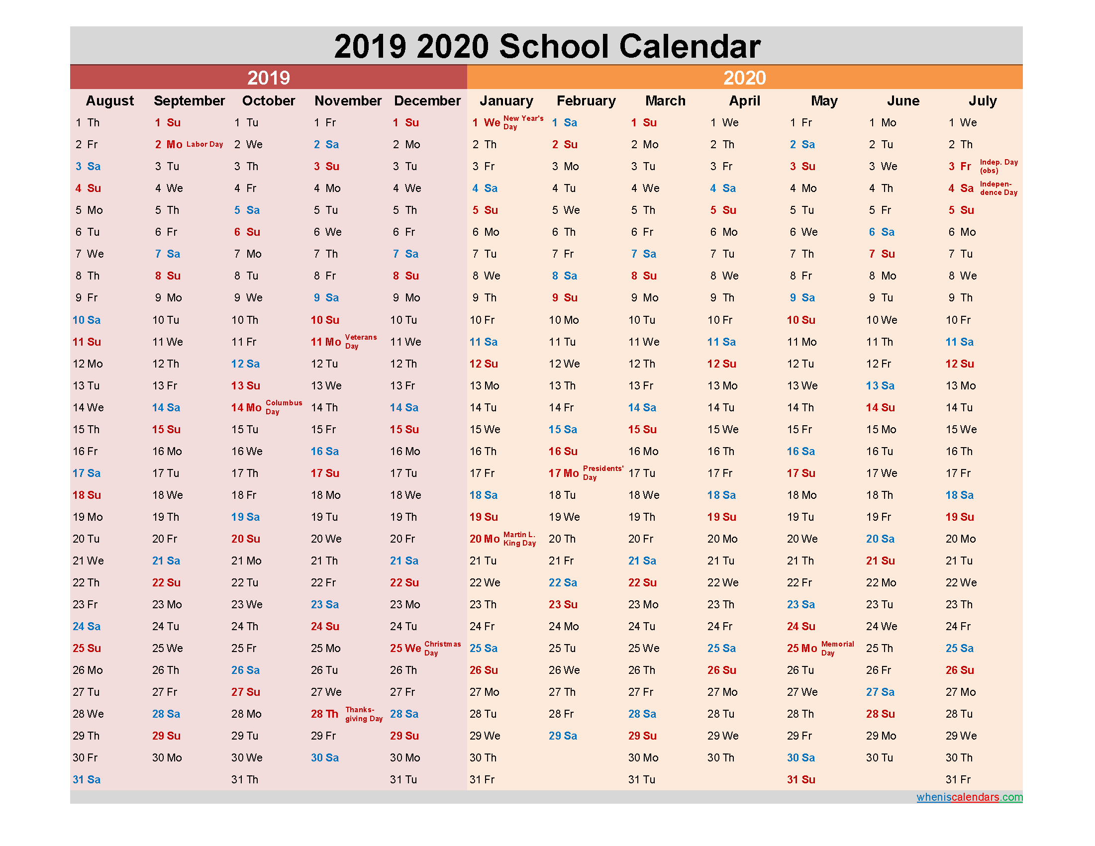 2019 and 2020 School Calendar Printable - Template No.20scl38