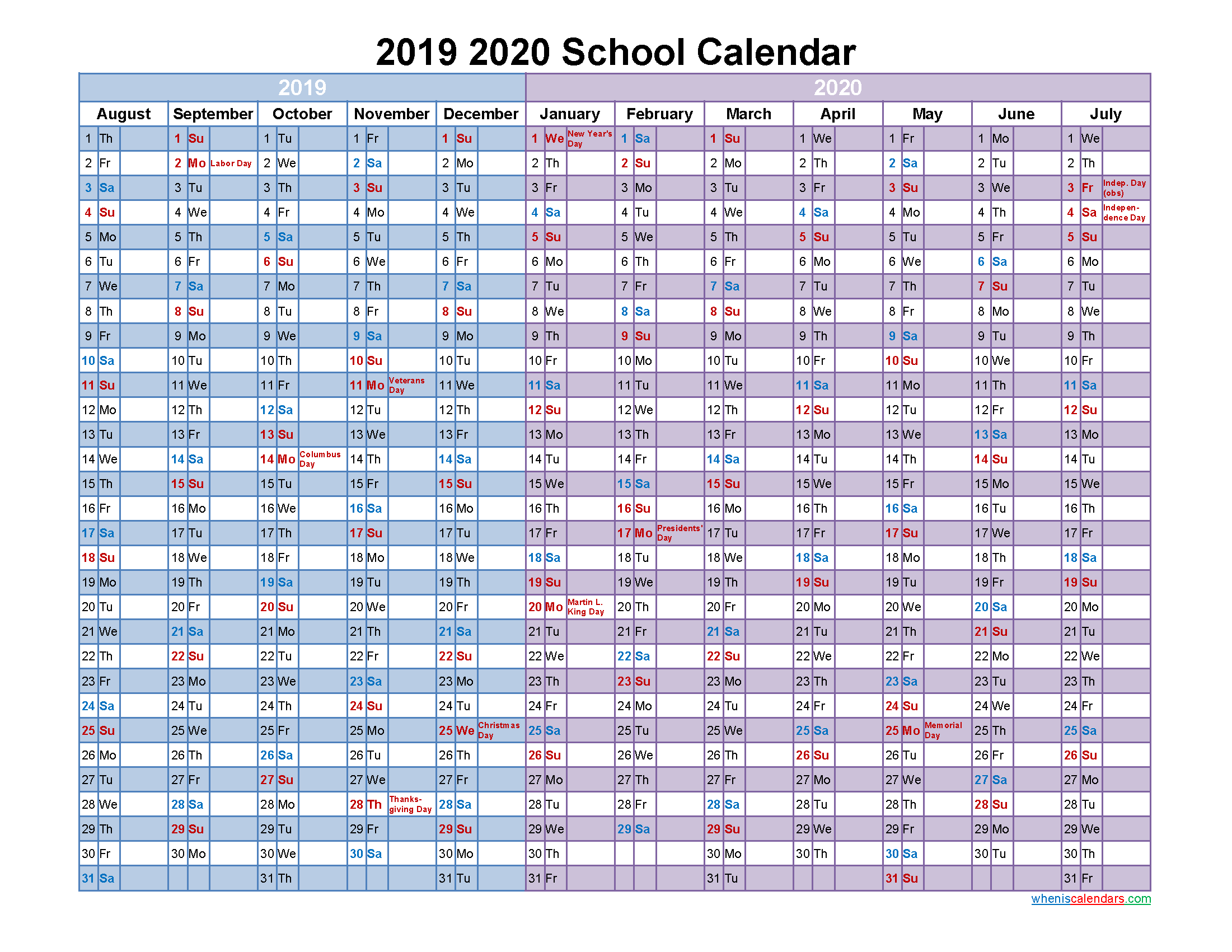 2019 and 2020 School Calendar Printable - Template No.20scl53