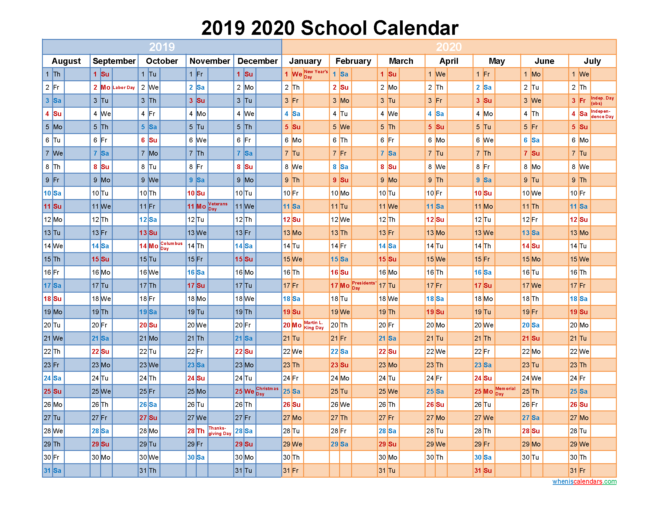 2019 and 2020 School Calendar Printable - Template No.20scl57