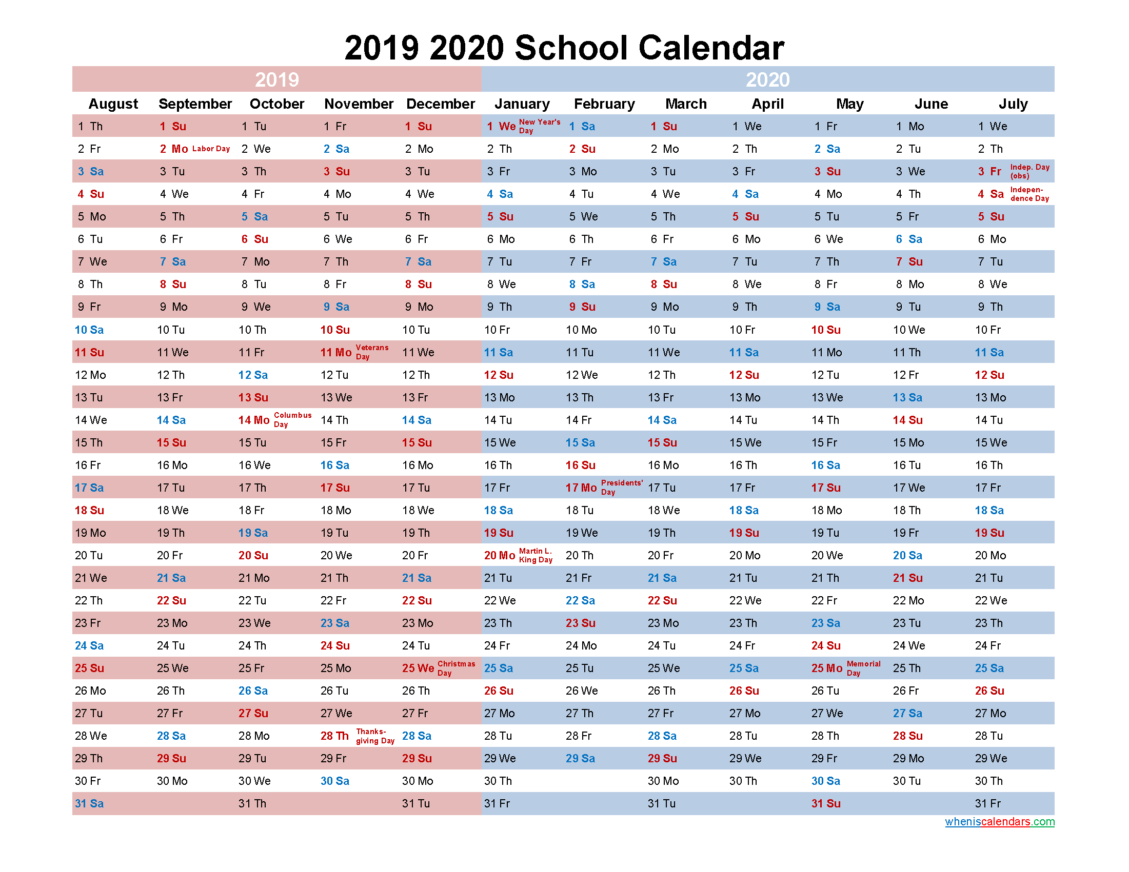 2019 and 2020 School Calendar Printable - Template No.20scl60