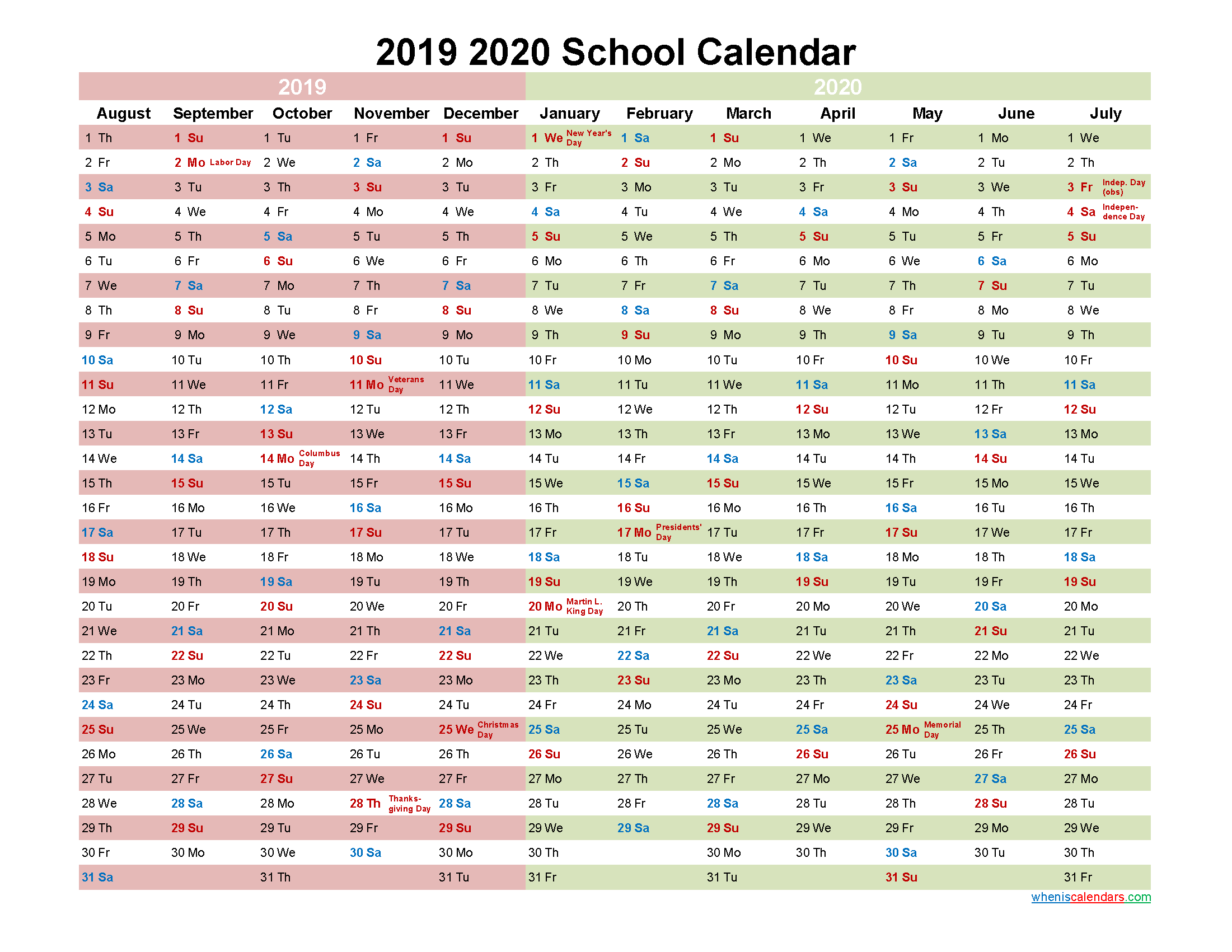2019 and 2020 School Calendar Printable - Template No.20scl62
