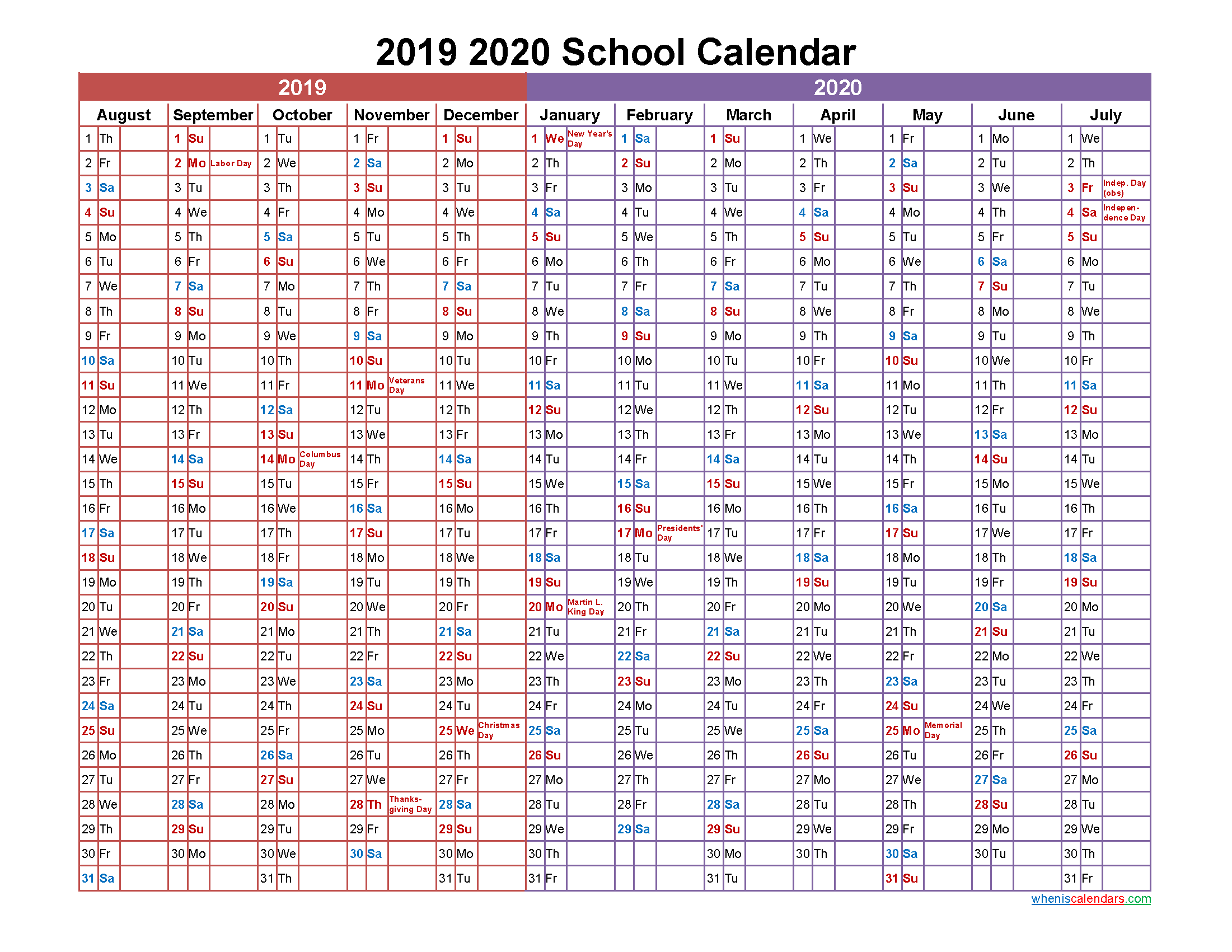 2019 and 2020 School Calendar Printable - Template No.20scl8